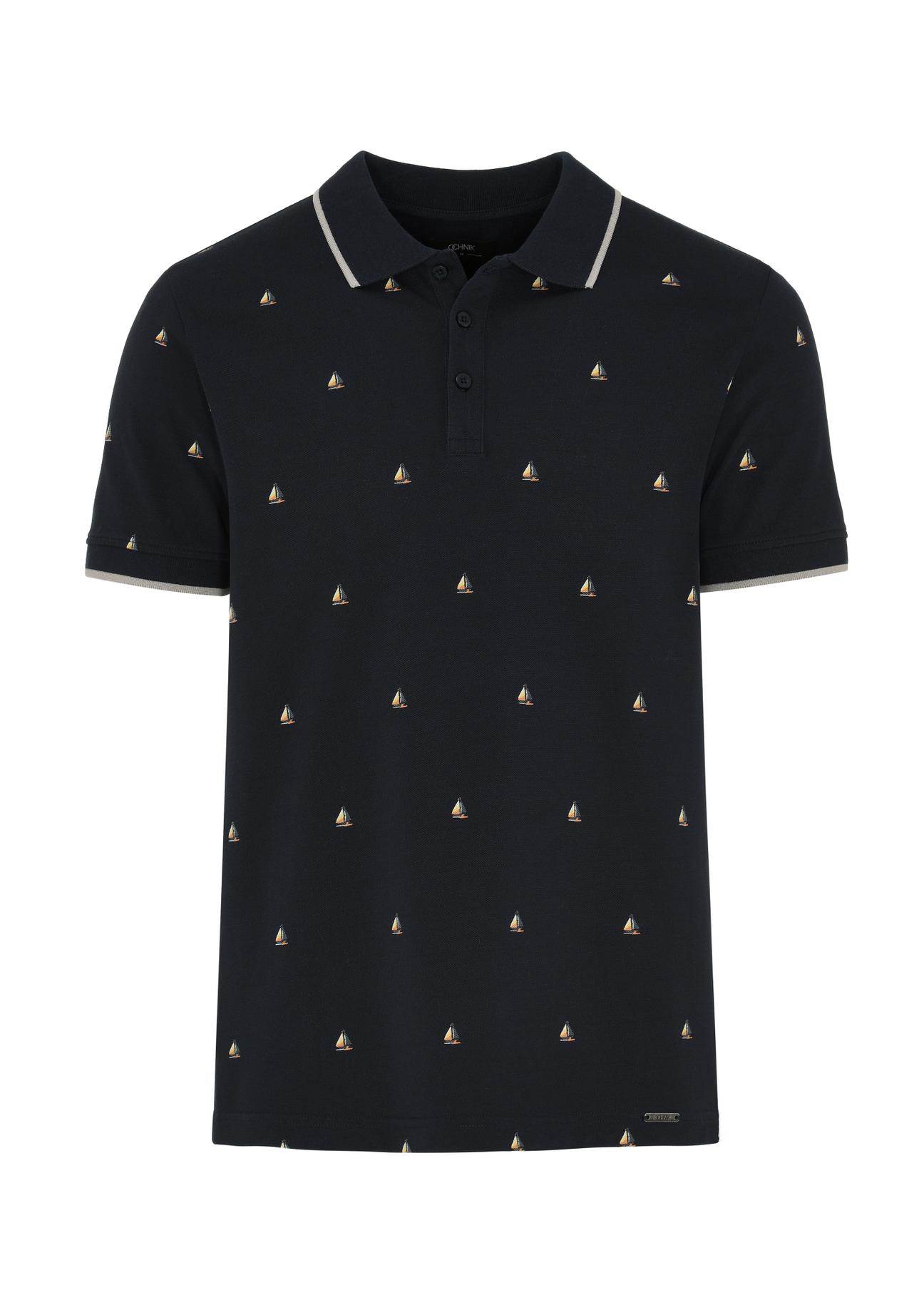 Navy blue polo with sailboat pattern men's POLMT-0071-69(W24)-04