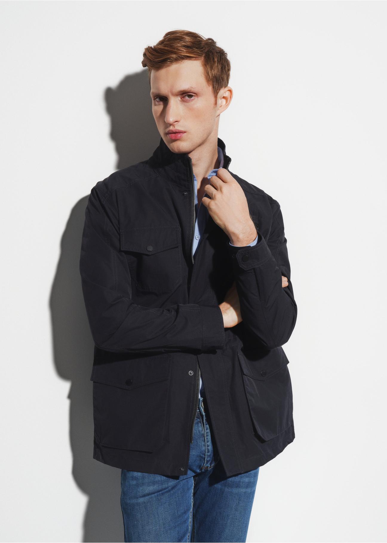 Navy blue men's jacket with stand-up collar KURMT-0296-69(W23)-03