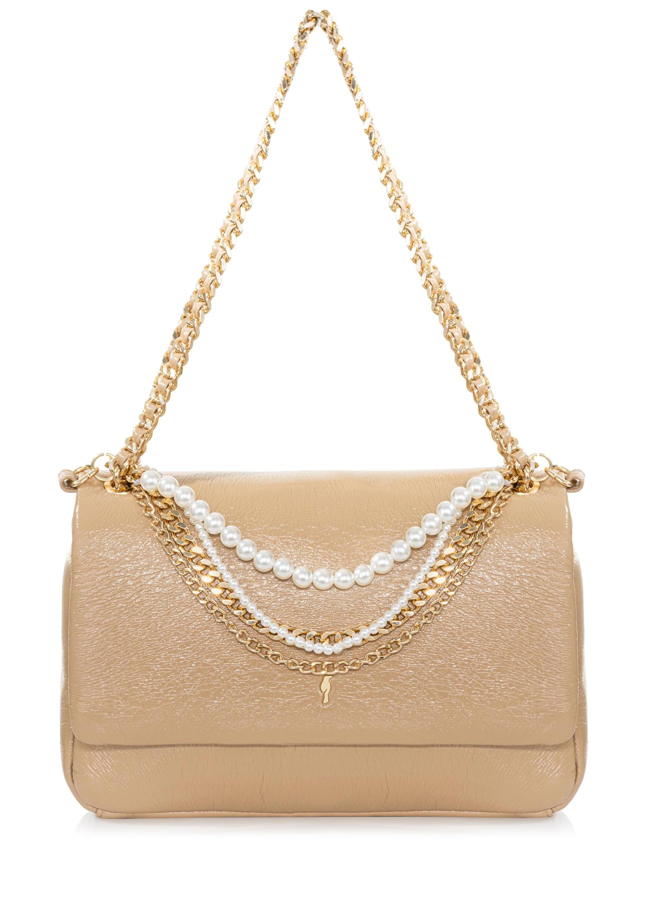 Beige women's handbag with pearls TOREC-0787-81(W23)-01