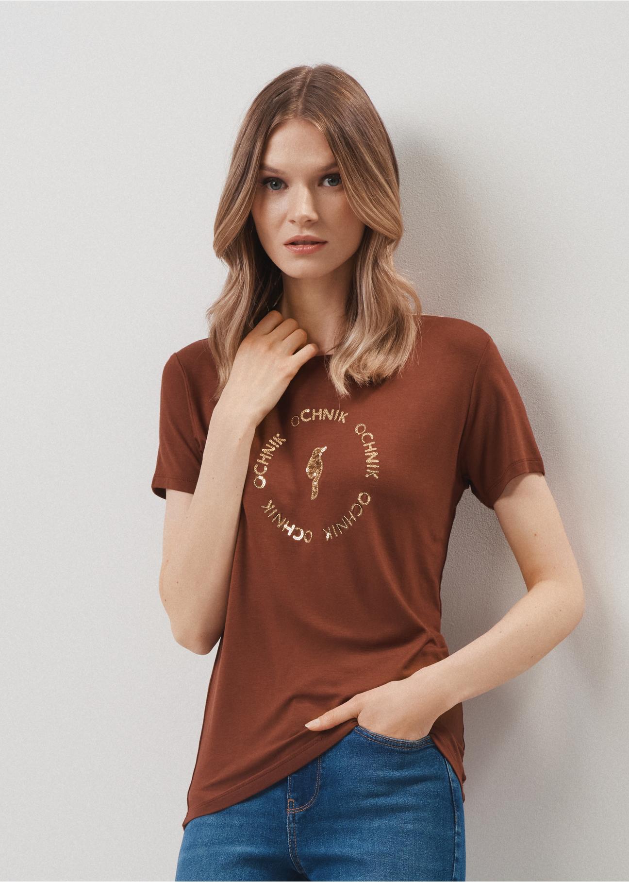 Brown Women's T-shirt with applique TSHDT-0071A-82(Z23)-01