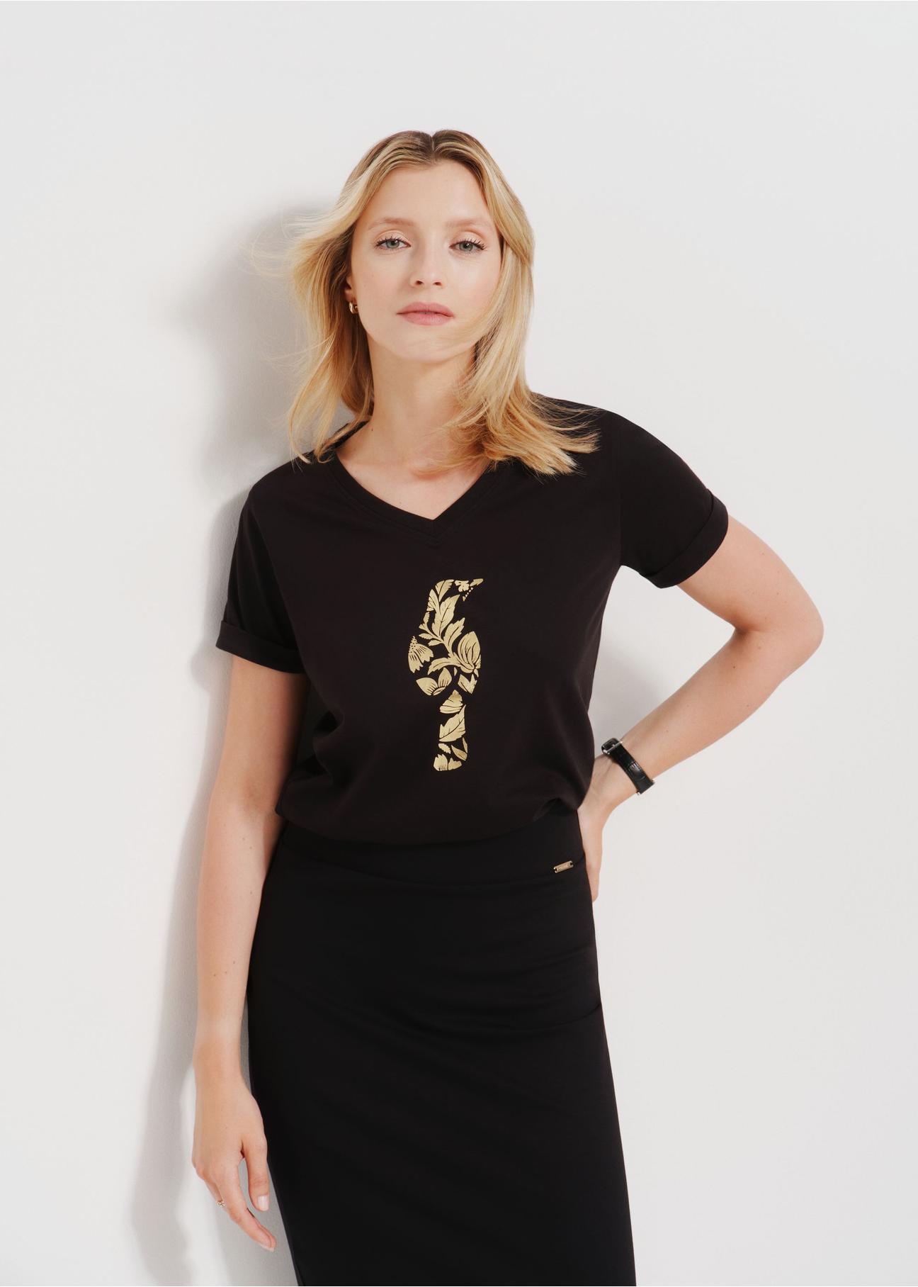 Black women's t-shirt with decorative oriole TSHDT-0131-99(Z24)-02