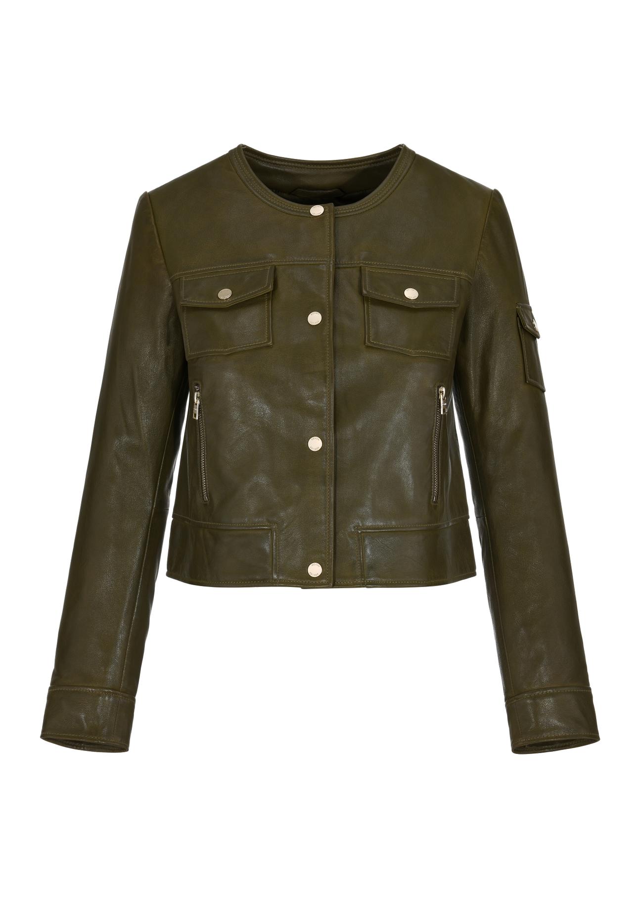 Women's short olive leather jacket KURDS-0454-1347(W24)-05