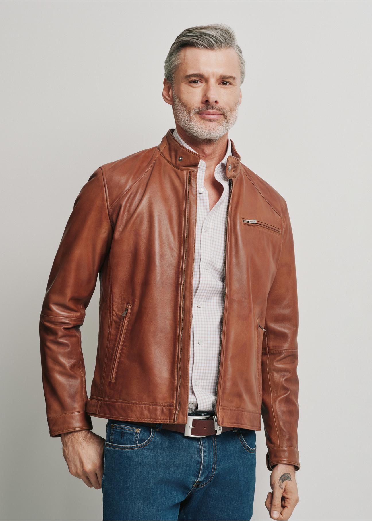 Brown classic leather jacket for men KURMS-0328-1373(W24)-01