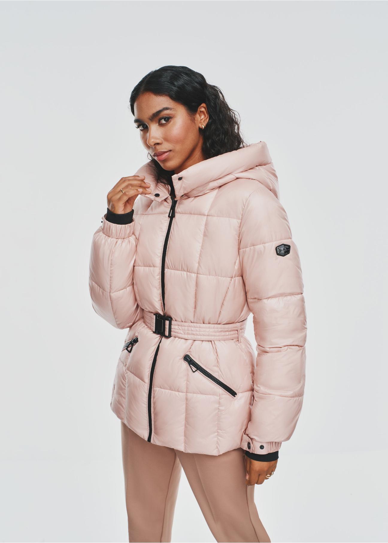 Pink women's quilted jacket with belt KURDT-0539-34(Z24)-03