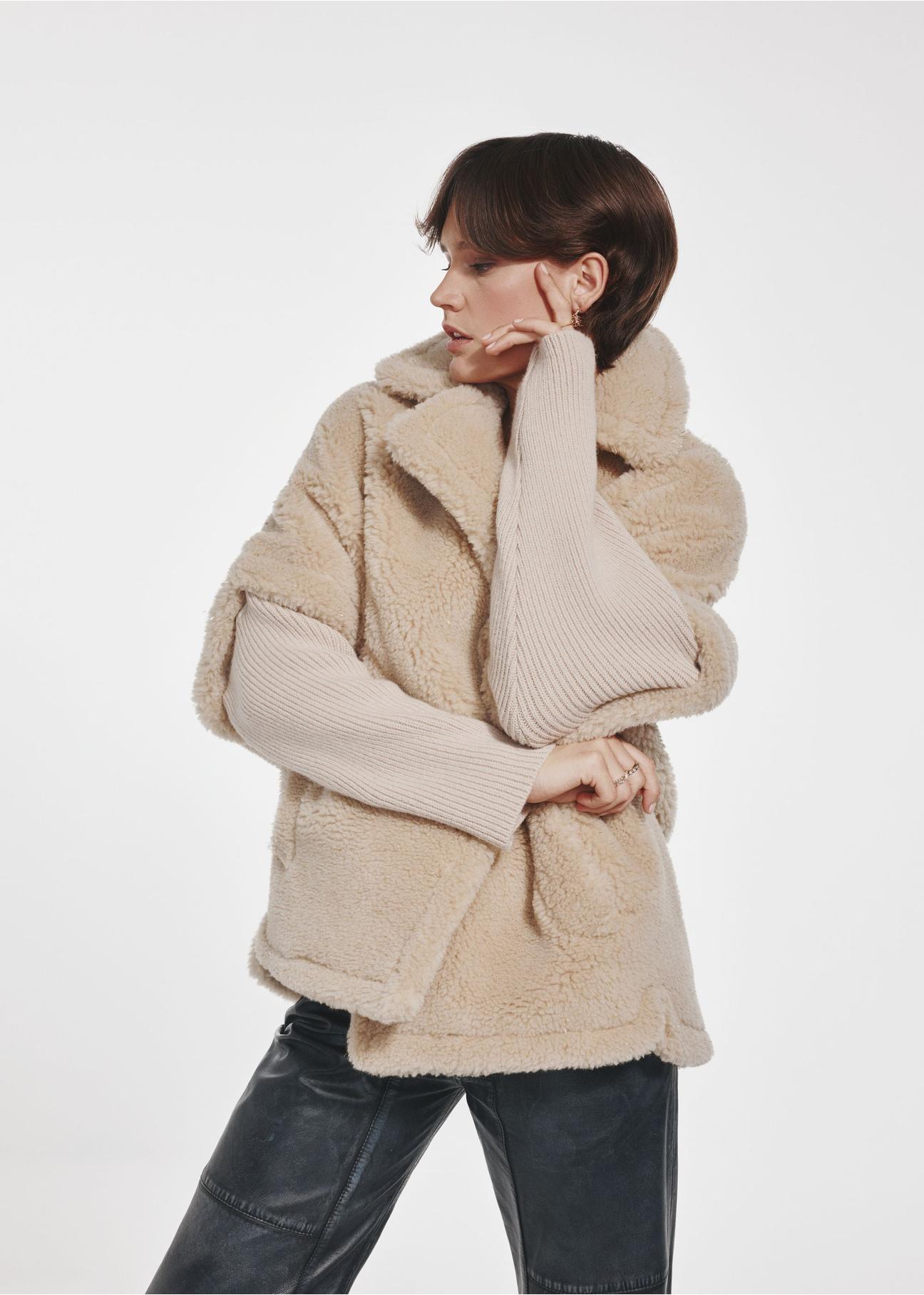 Beige woolen women's fur coat FUTDW-0026-81(Z24)-02