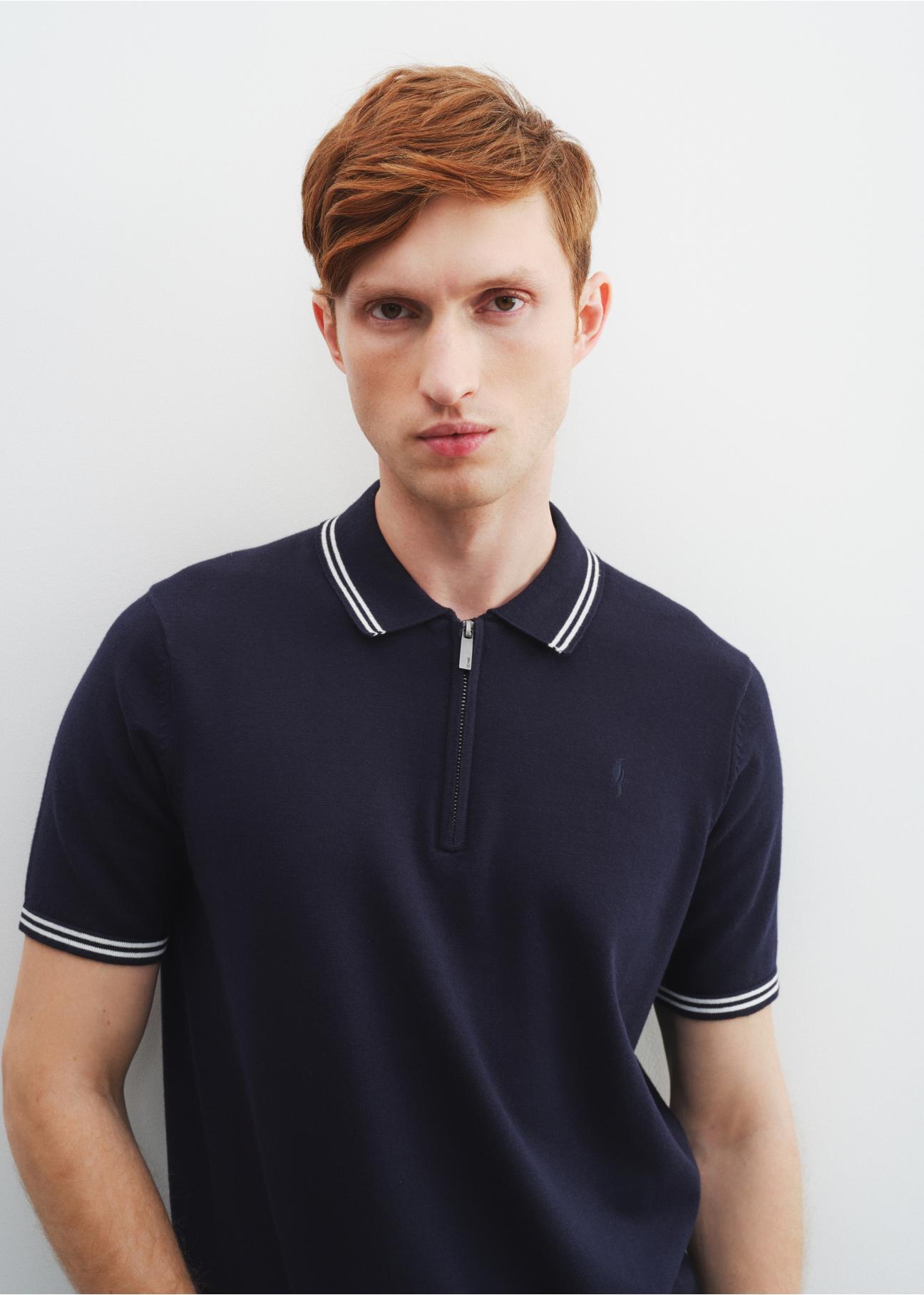 Navy blue zip-up polo shirt POLMT-0060-69(W23)-01