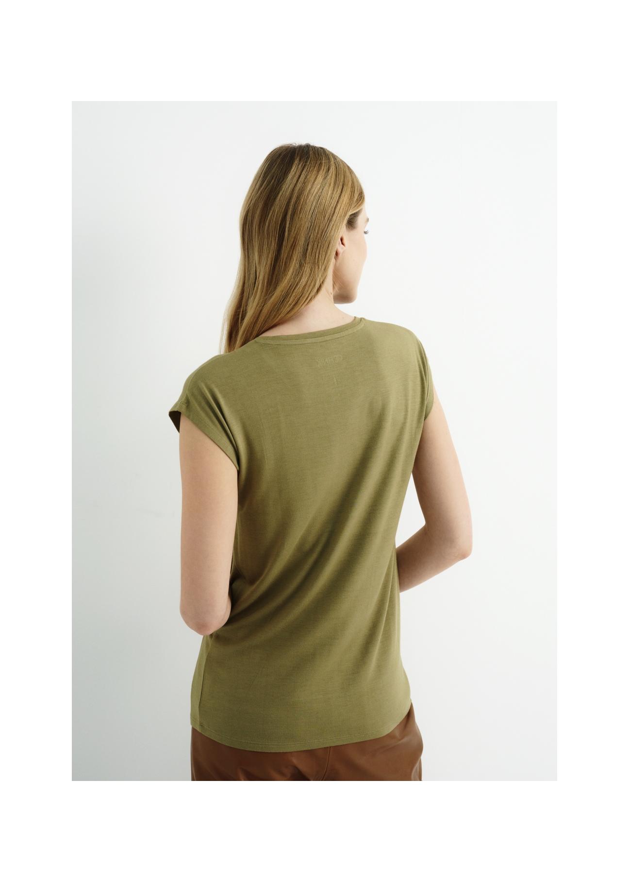 Women's olive T-shirt with applique TSHDT-0066-55(W22)-05