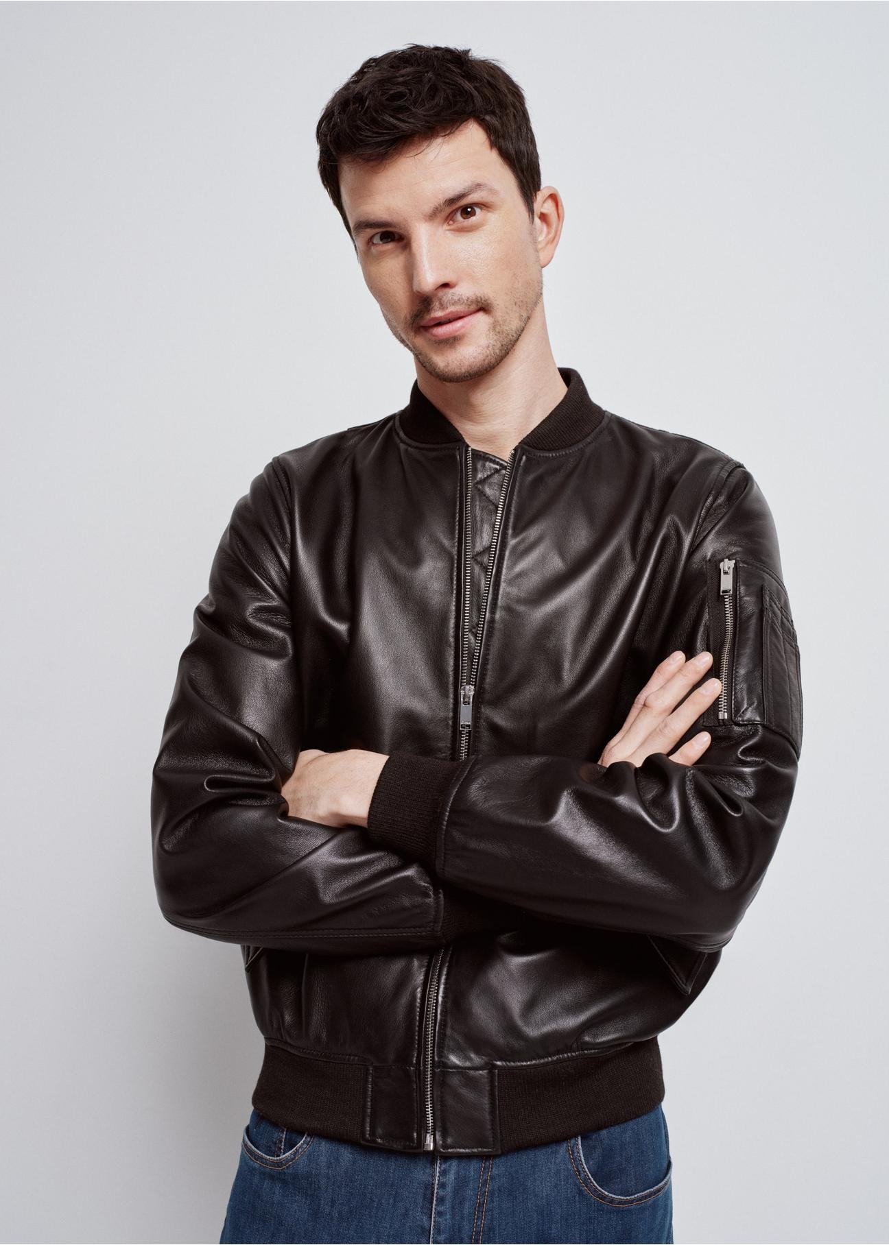 Men's black leather bomber jacket KURMS-0337-5506(W24)-02