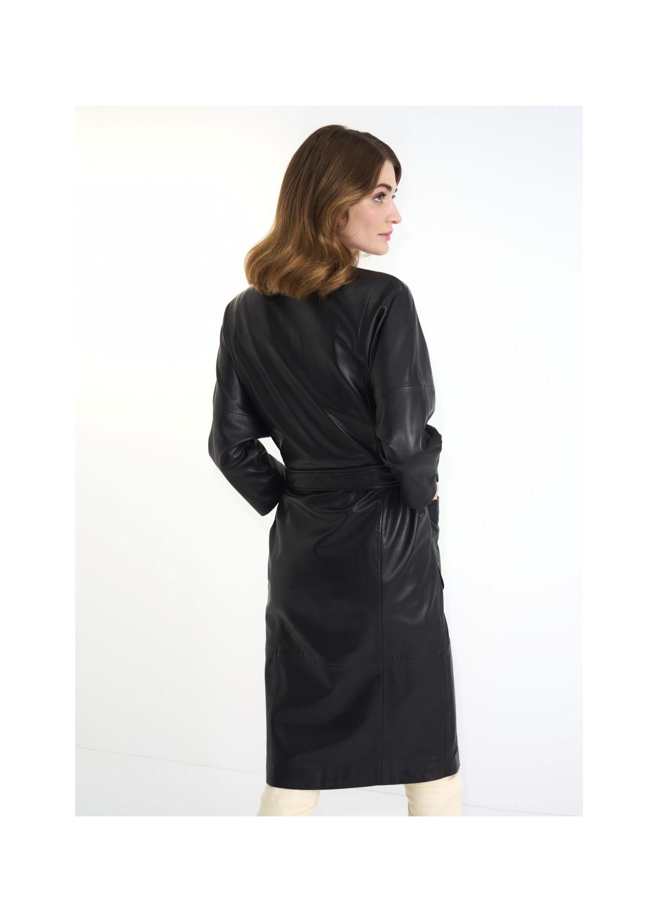 Black leather women's coat with belt KURDS-0358-5411(Z23)-06