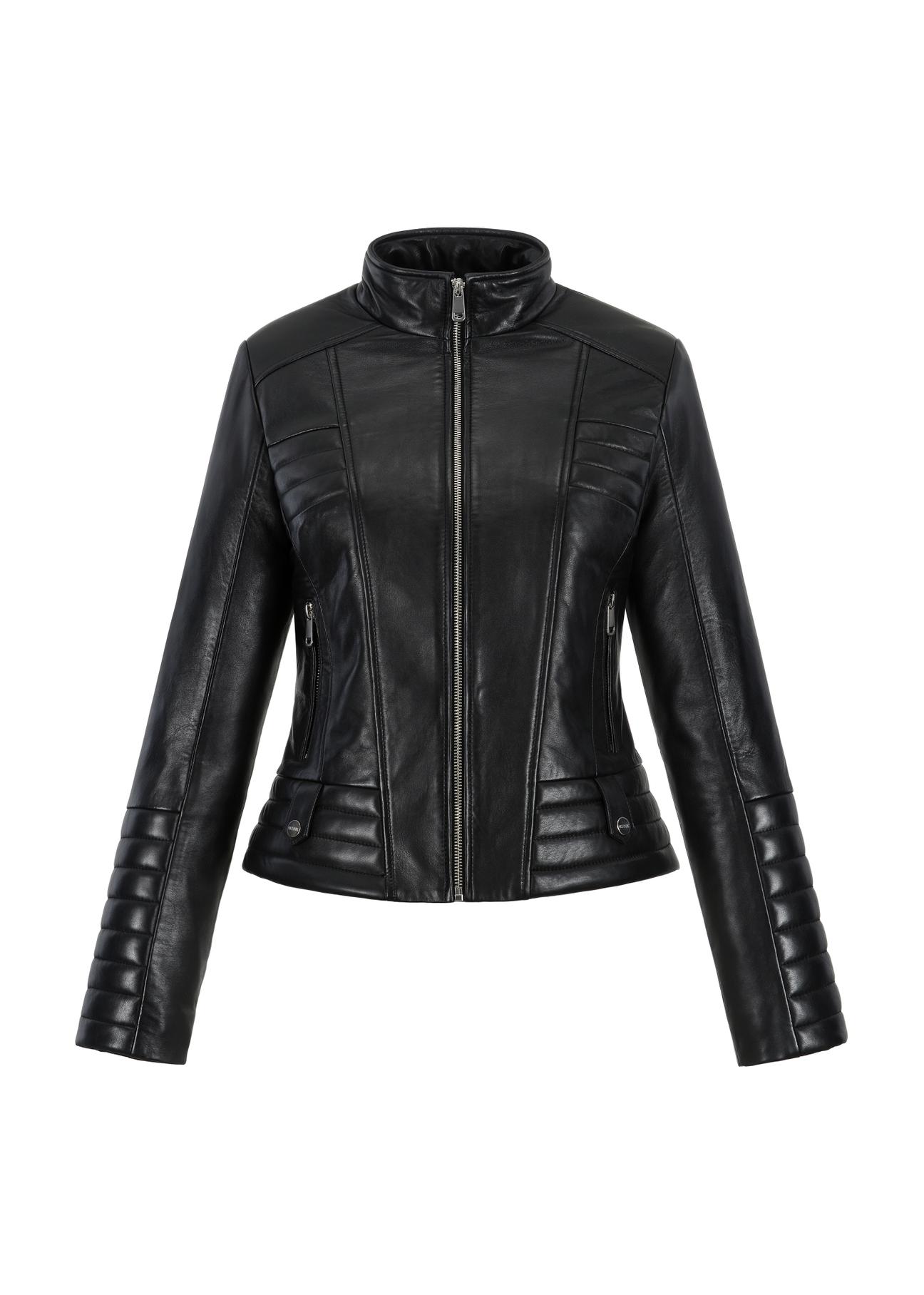 Women's waisted leather jacket with collar KURDS-0448-5491(Z23)-05