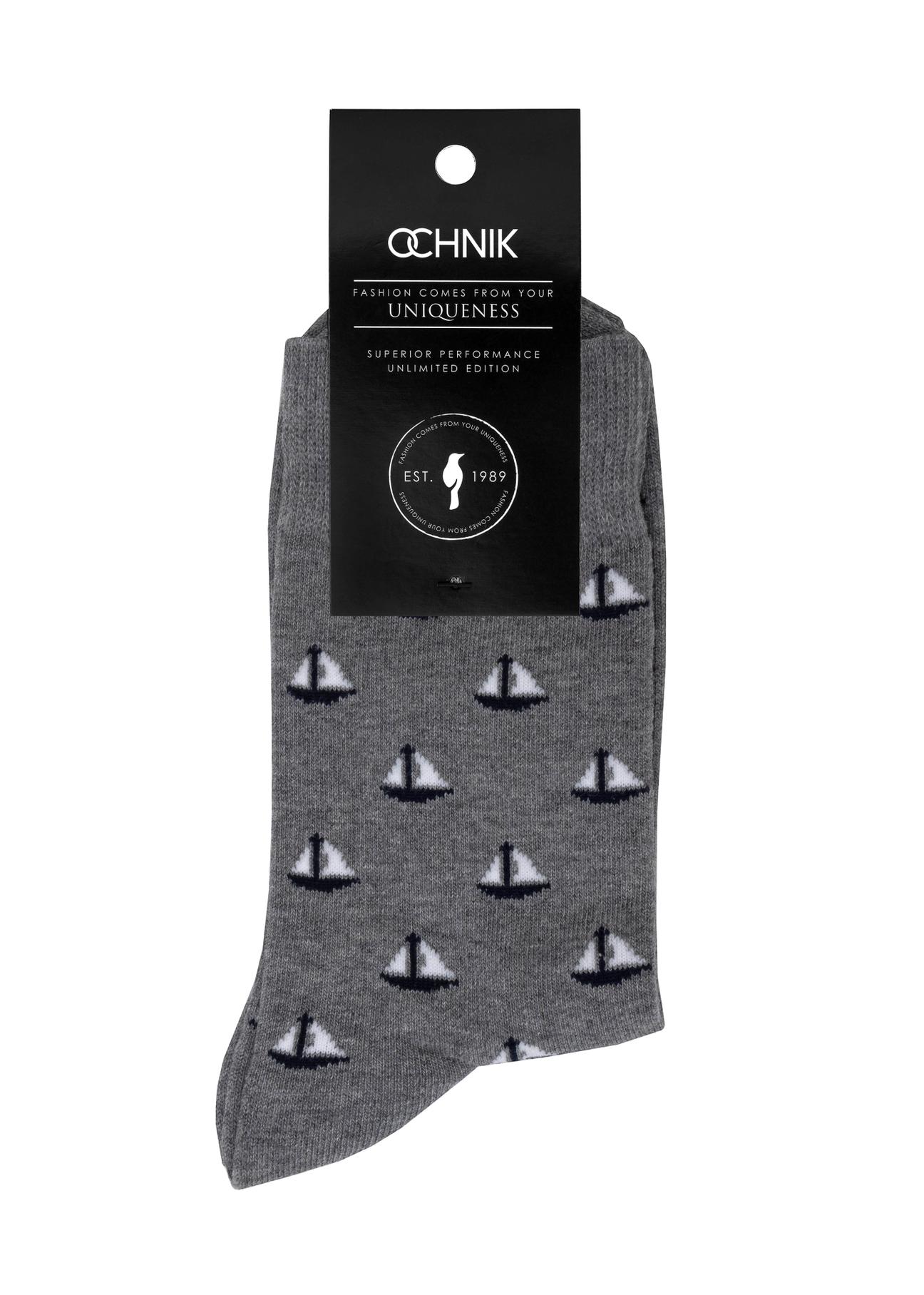 Grey long men's socks with sailboats SKAMT-0187-95(W24)-02