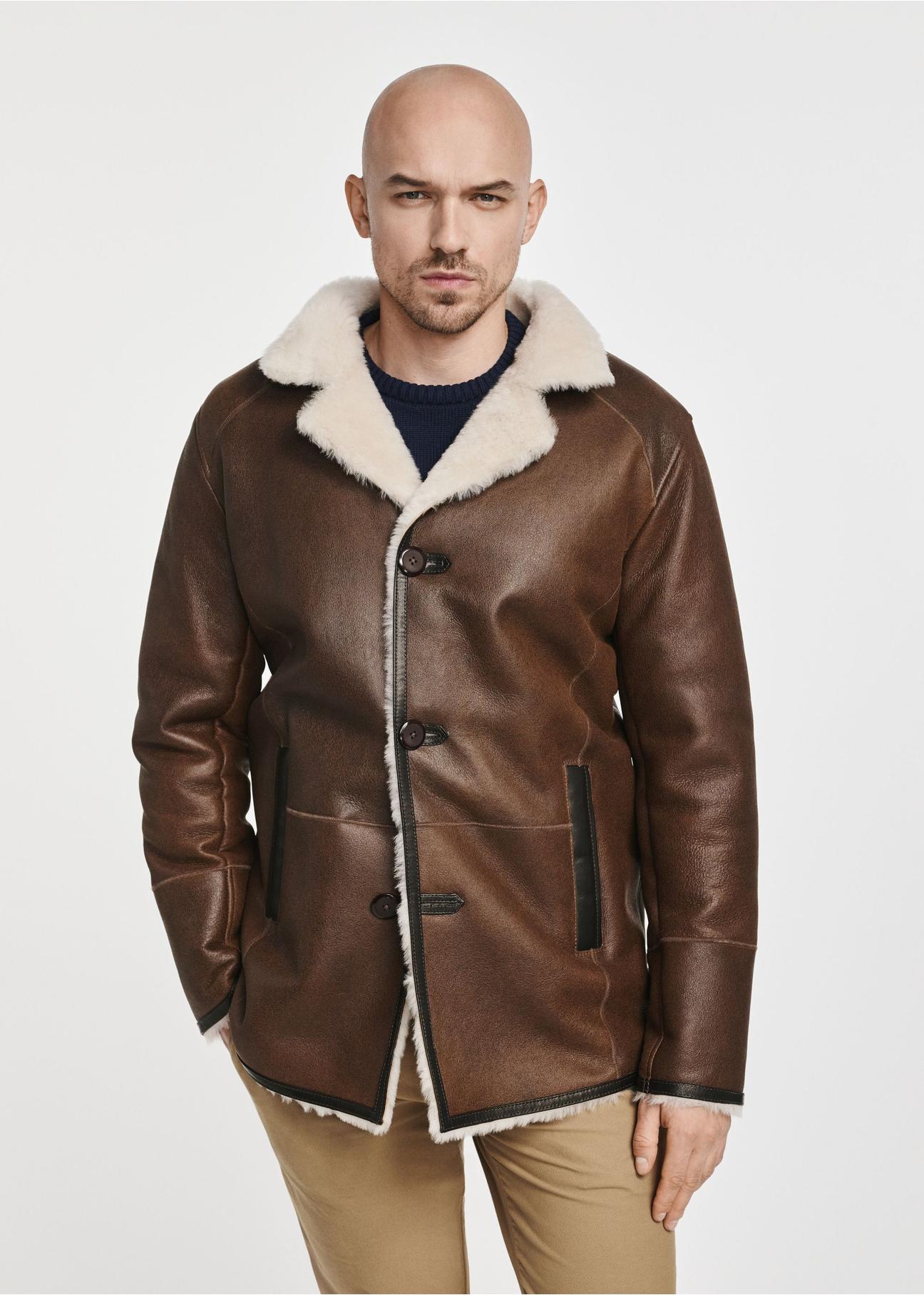 Brown men's leather sheepskin coat KOZMS-0019-5484(Z24)-03