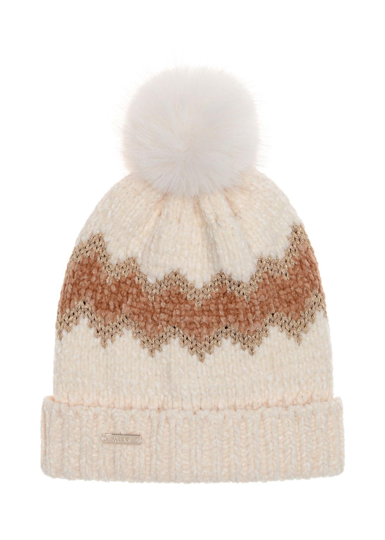 Beige women's cap with pompom CZADT-0086A-81(Z23)-02