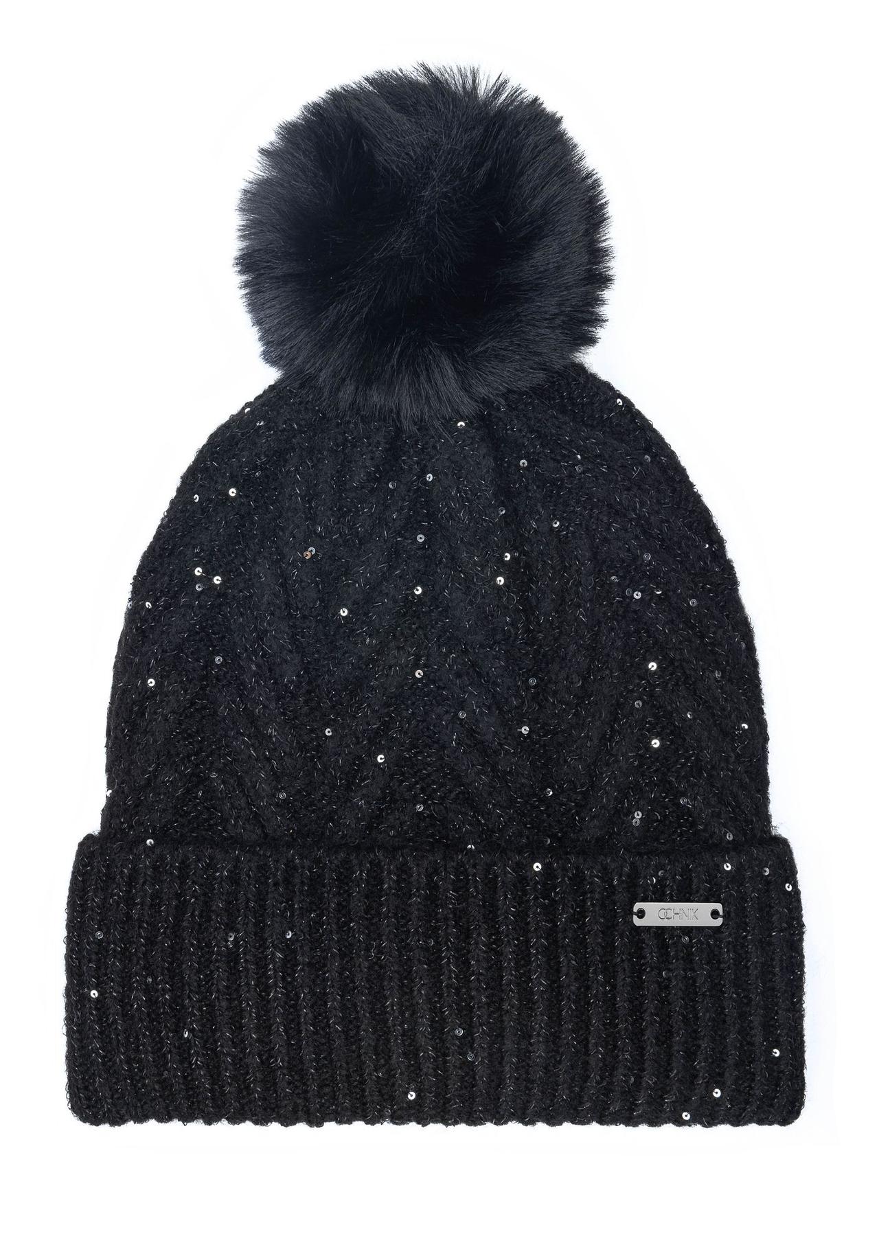 Black women's hat with a pompom CZADT-0175-99(Z23)-02