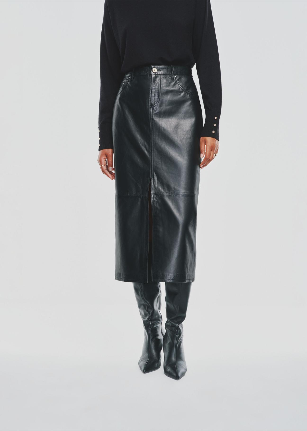 Black leather midi skirt SPCDS-0071-5344(Z24)-01