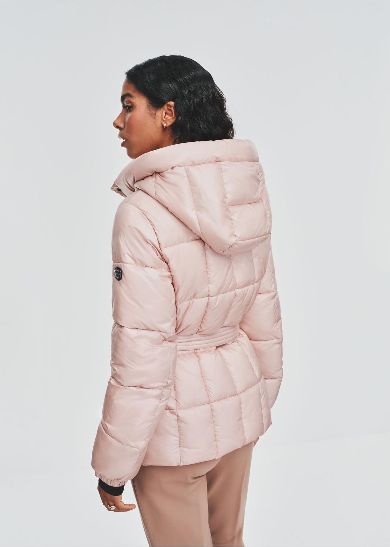 Pink women's quilted jacket with belt KURDT-0539-34(Z24)-04