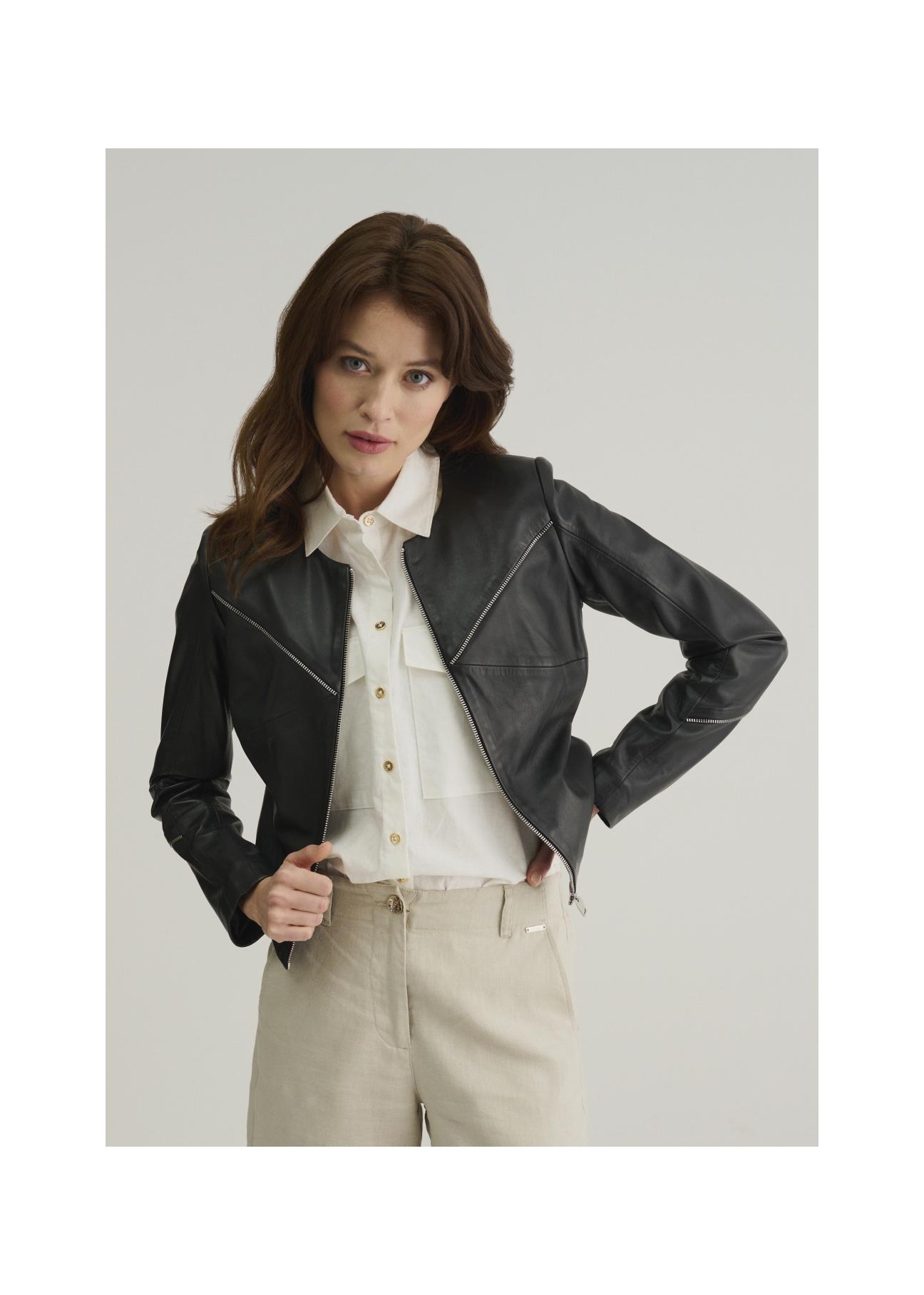 Women's waisted black leather jacket KURDS-0295-5491(W22)-01