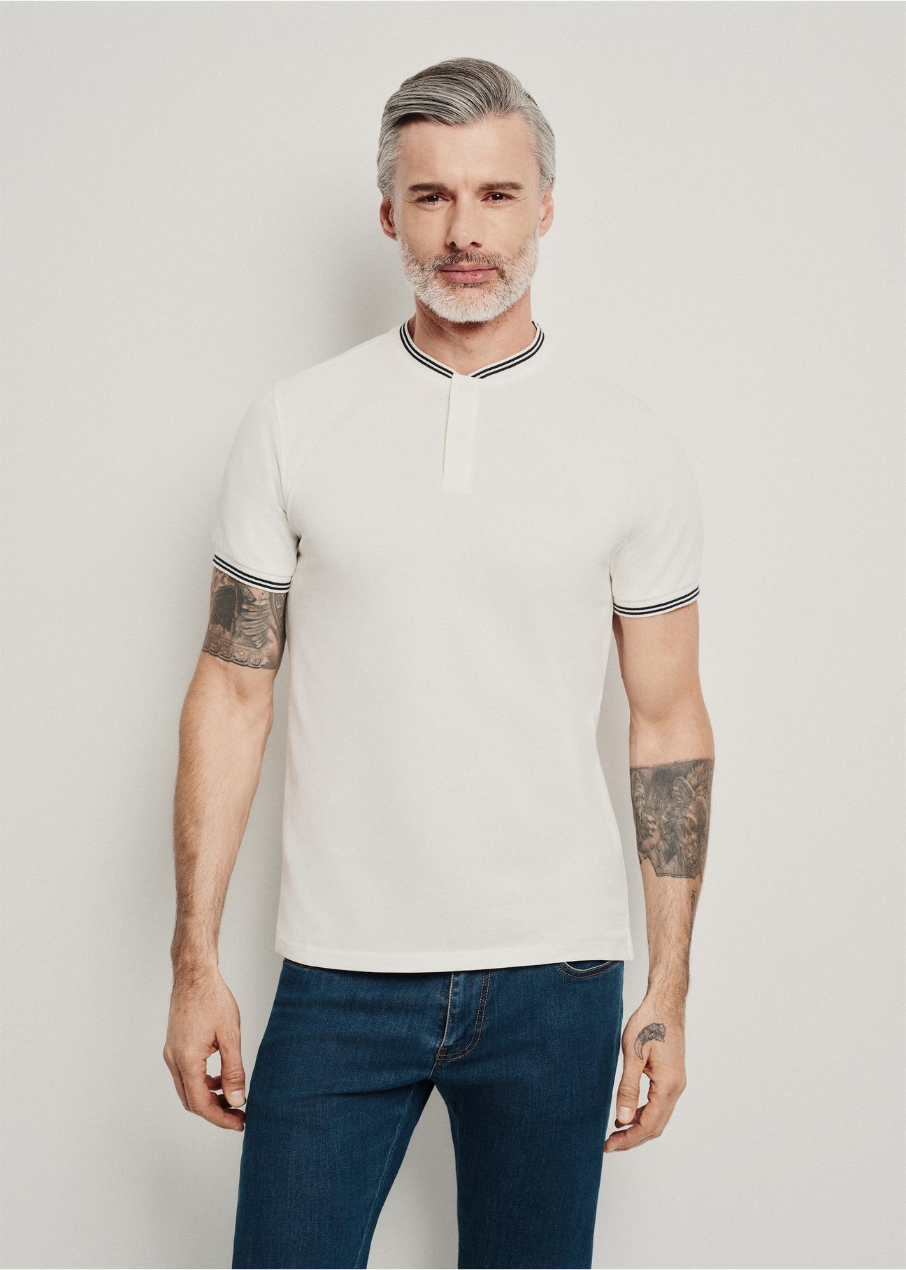 Cream polo shirt with stand-up collar POLMT-0066-12(W24)-01