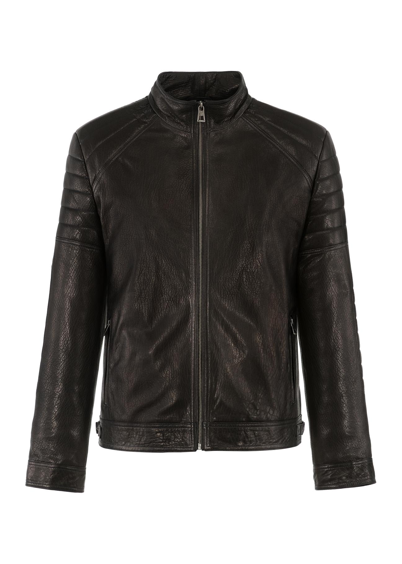 Men's black leather jacket with stand-up collar KURMS-0325-1342(Z23)-03