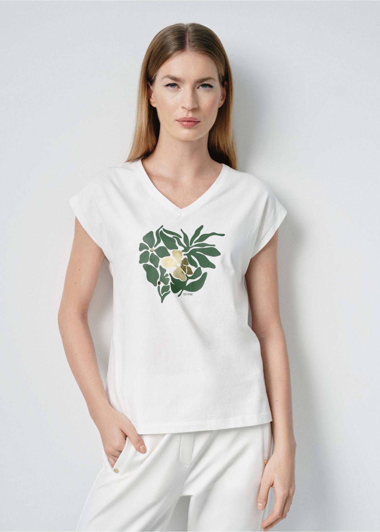 Women's cream T-shirt with floral print TSHDT-0125-12(W24)-02