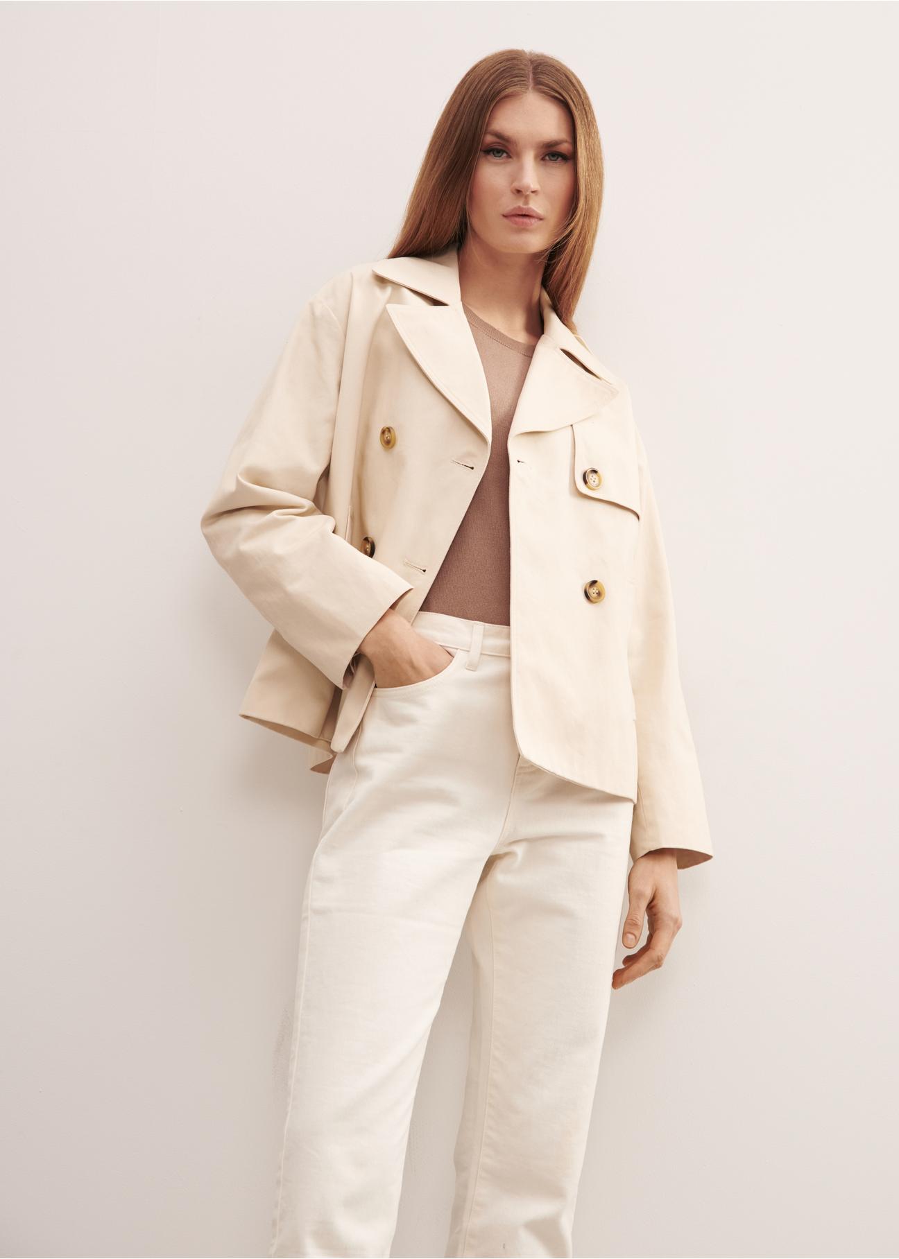 Women's double-breasted cream trench KURDT-0425-80(W23)-03