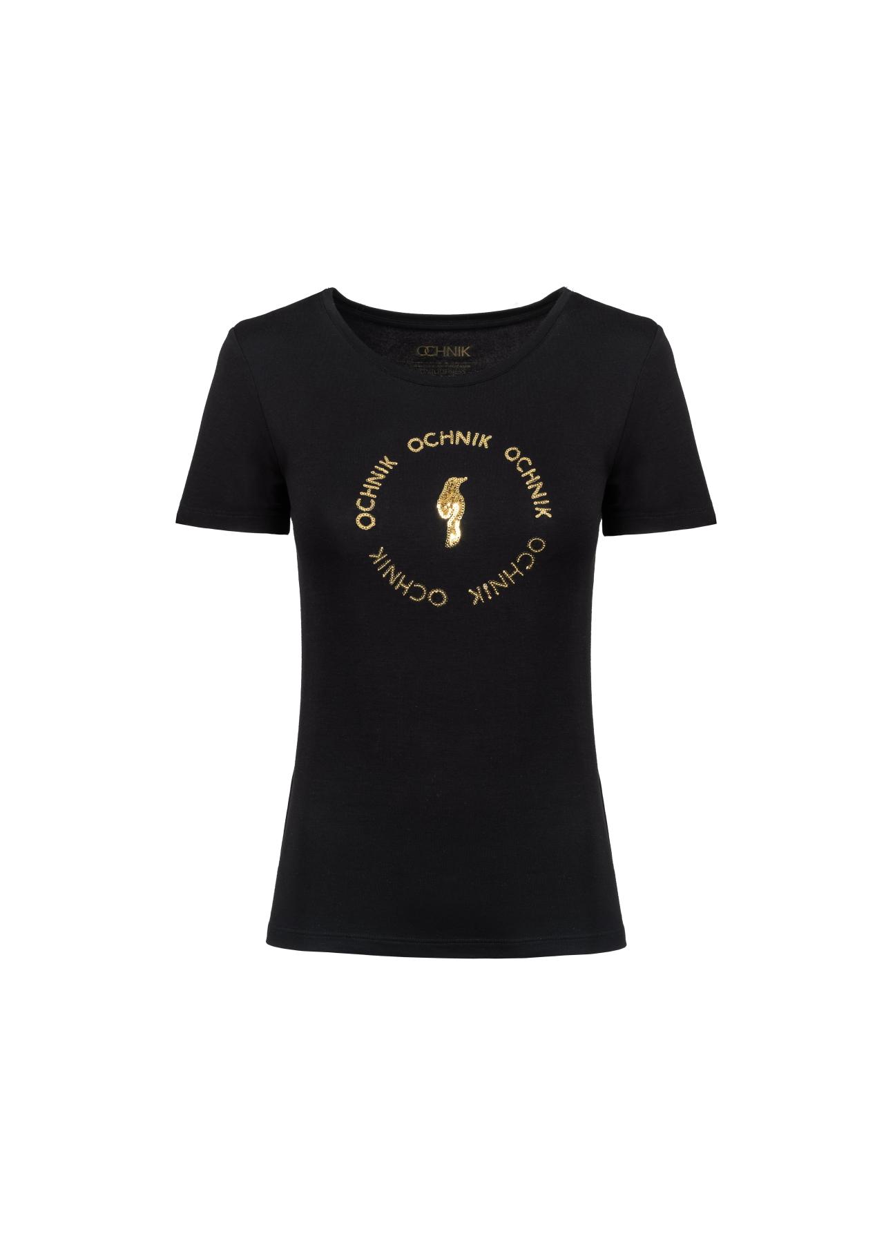 Black Women's T-shirt with applique TSHDT-0071-99(Z22)-04