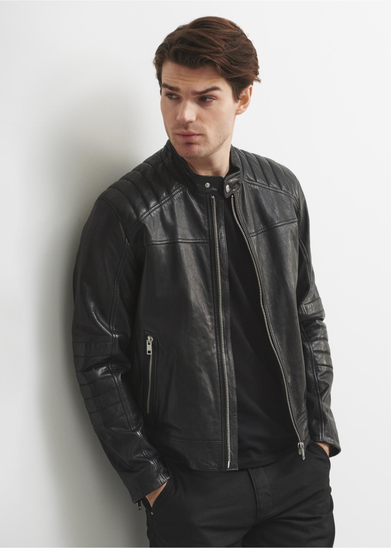 Men's leather jacket with stand-up collar KURMS-0282-5427(W23)-02