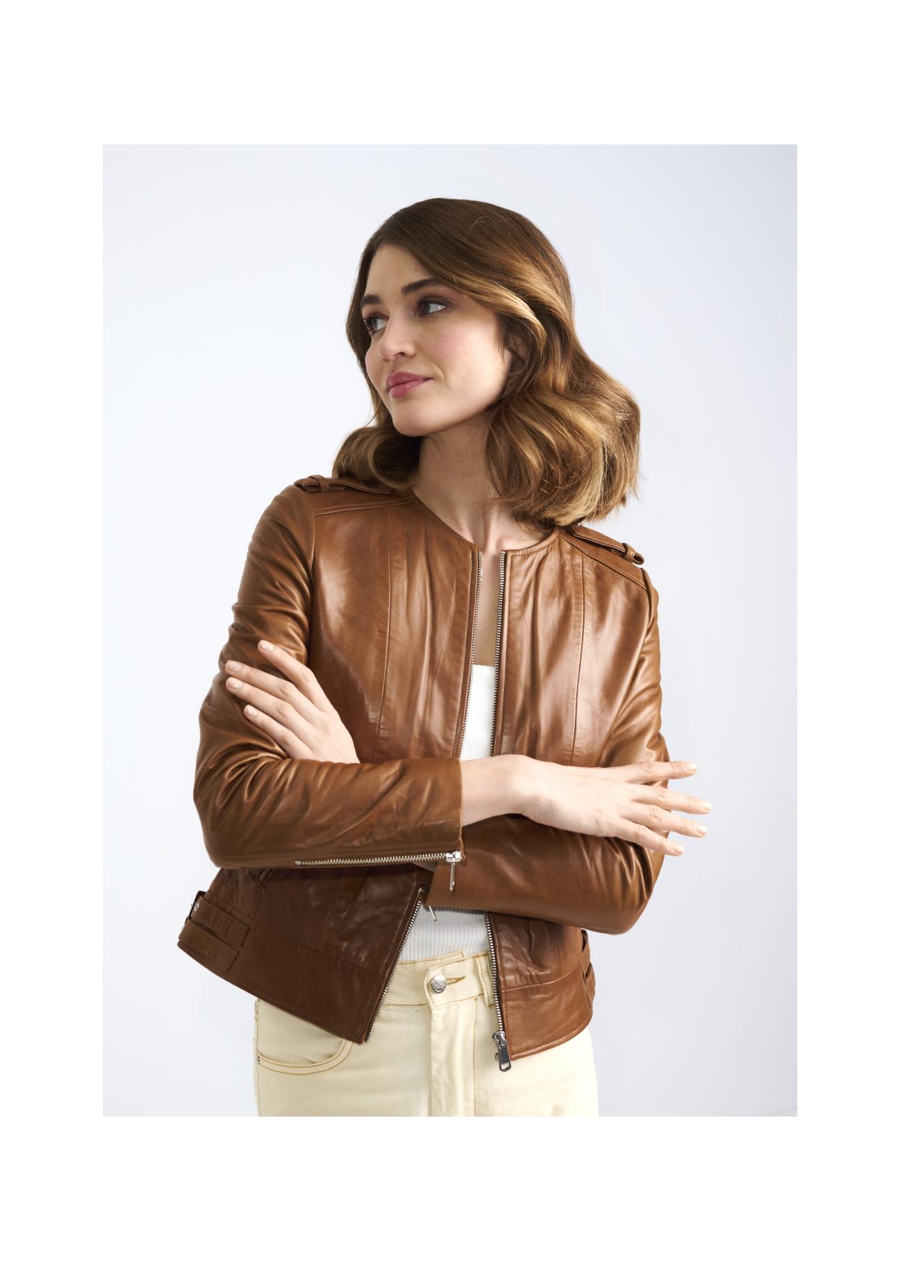 Women's waisted brown leather jacket KURDS-0366-1103(W22)-01