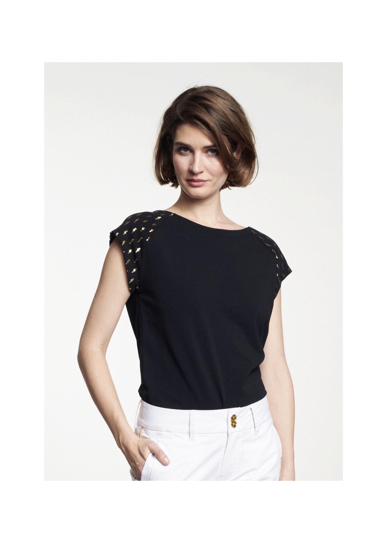 Black T-shirt with gold print for women TSHDT-0060-99(W21)-01