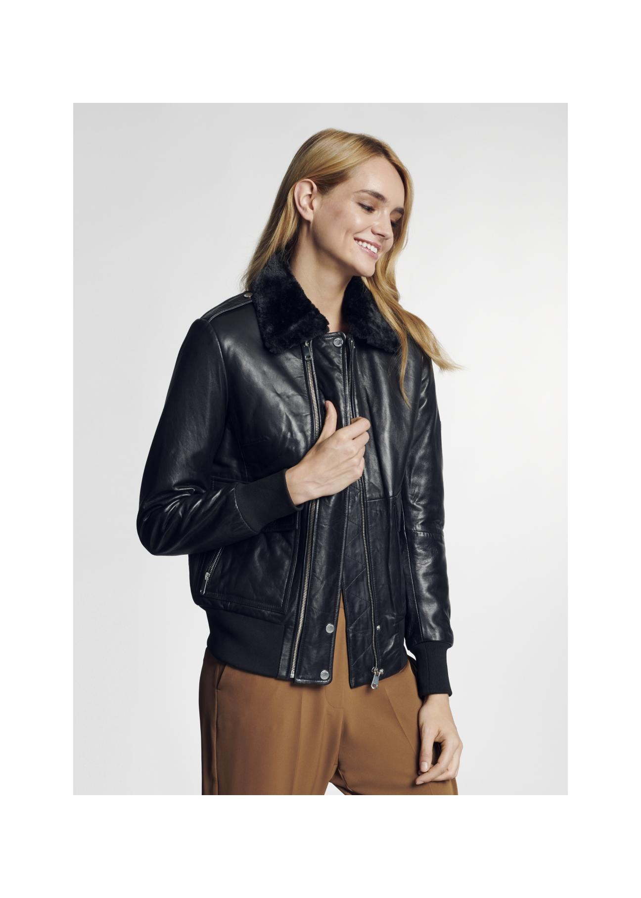 Women's black leather jacket with collar KURDS-0192-5554(Z20)-01