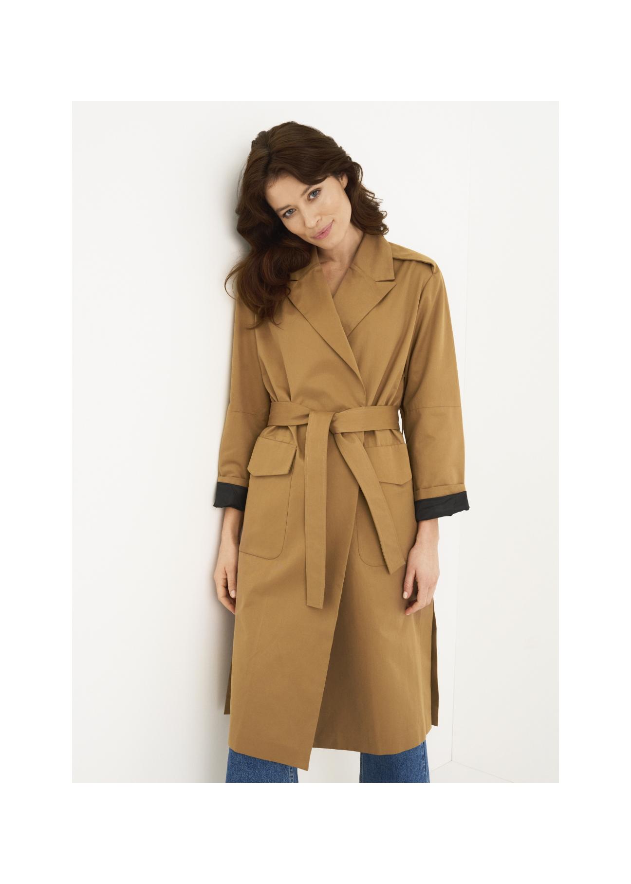 Women's honey colored coat with belt KURDT-0357-81(W22)-01