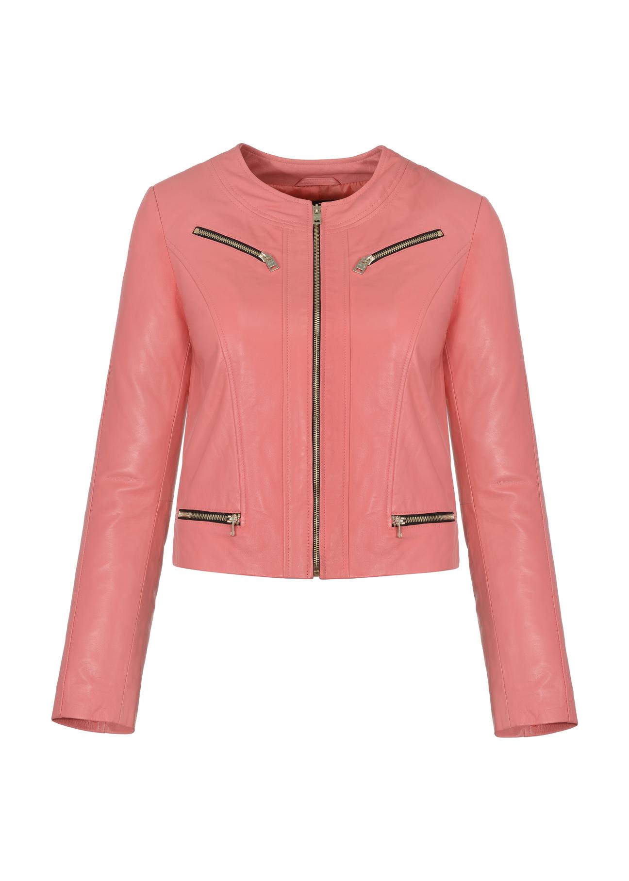 Pink leather jacket for women with zippers KURDS-0419-1309(W23)-04