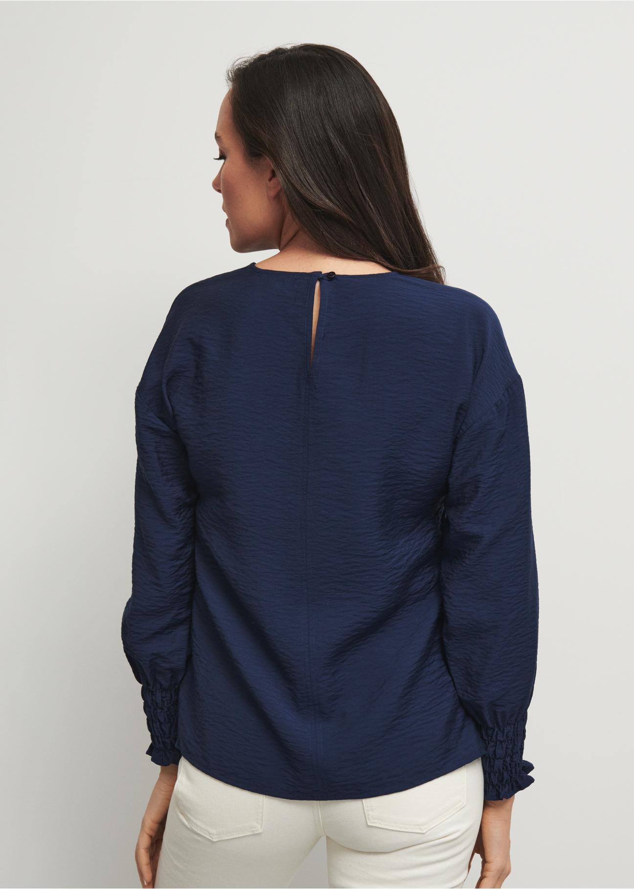 Navy blue women's blouse with ribbed cuffs BLUDT-0158-69(W23)-02