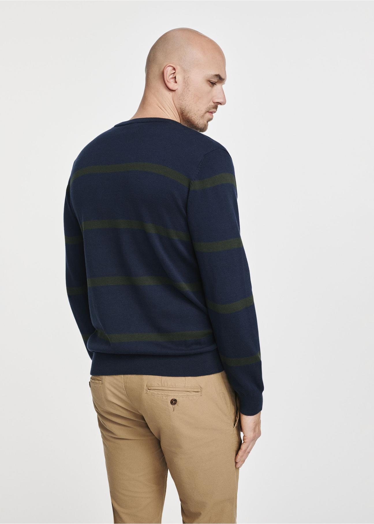 Navy blue men's striped sweater SWEMT-0153-69(Z24)-05