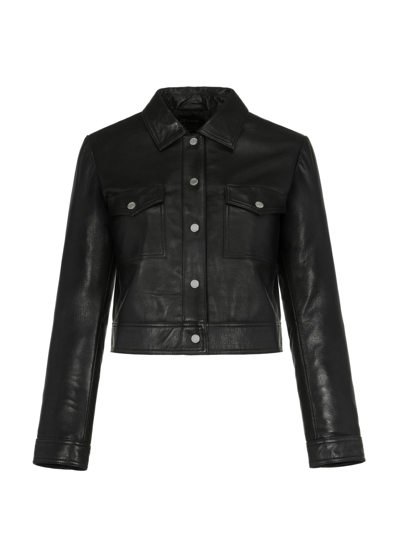 Women's leather jacket with collar KURDS-0435-5491(W23)-04