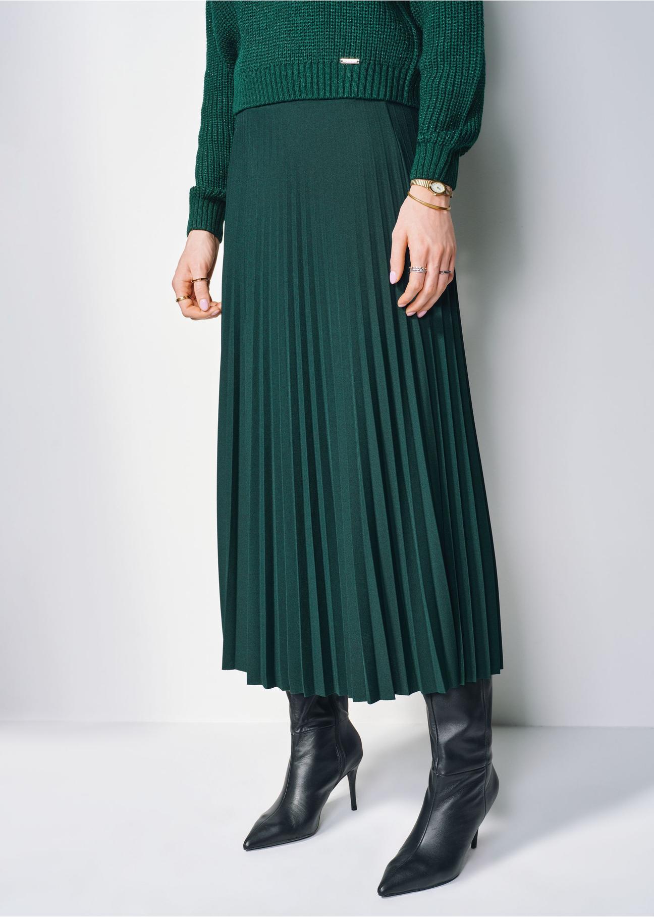 Dark green women's pleated skirt SPCDT-0096-54(Z24)-02