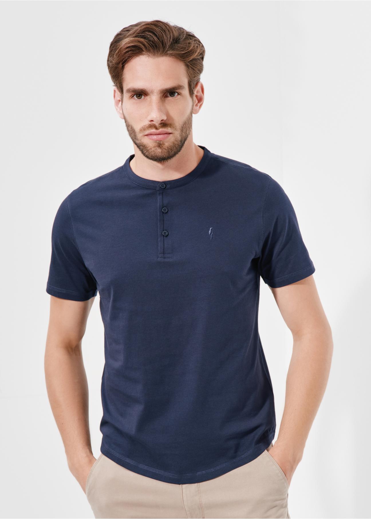 Men's navy blue henley T-shirt TSHMT-0104-68(W24)-03