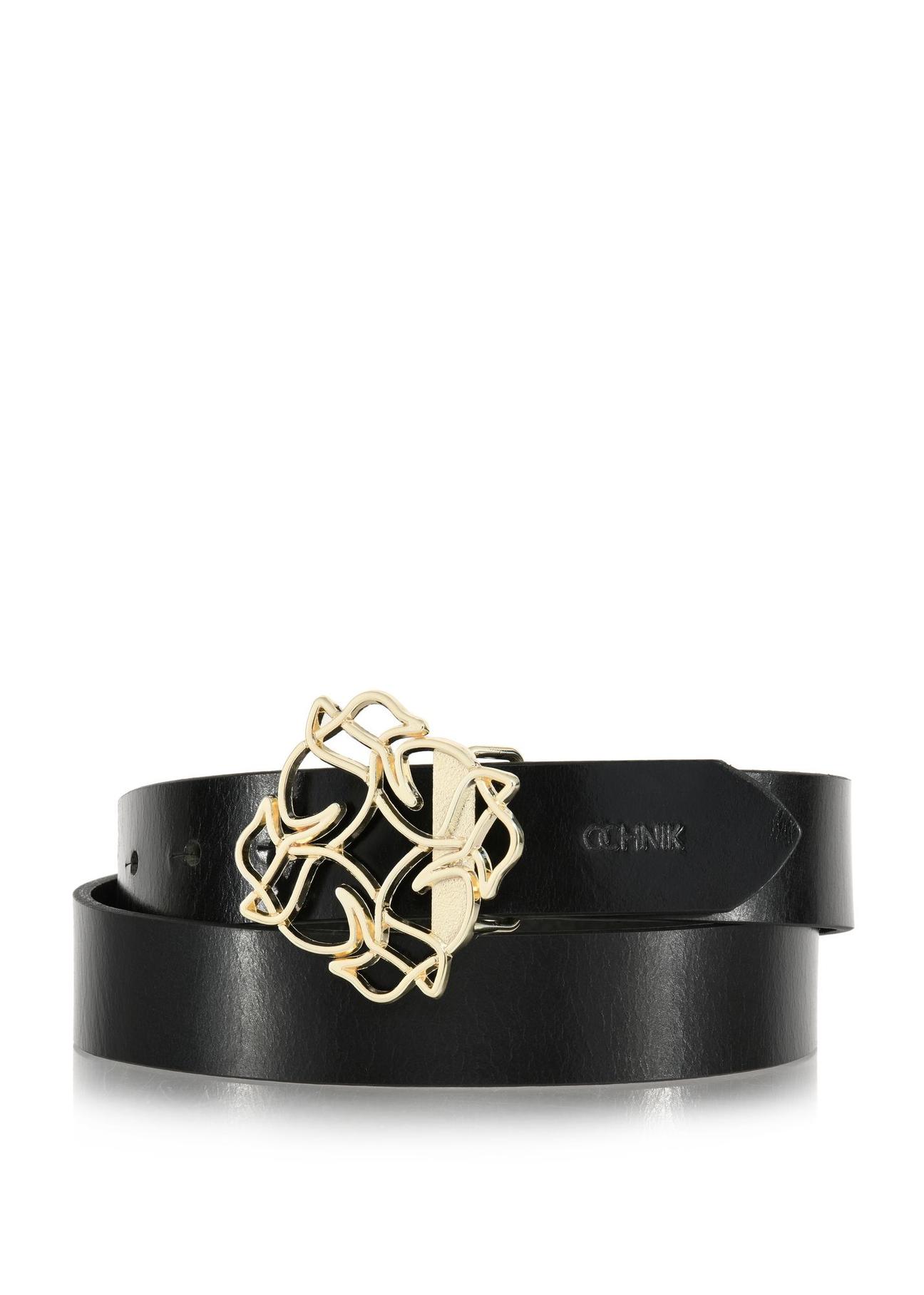 Women's black leather belt with decorative buckle PASDS-0305-99(W24)-01