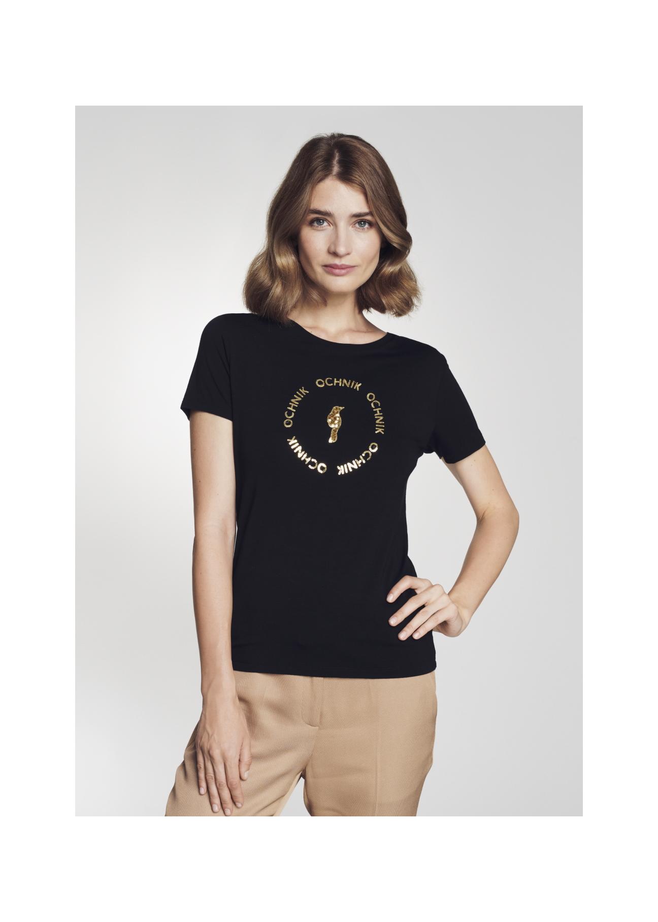 Black Women's T-shirt with applique TSHDT-0071-99(Z22)-01