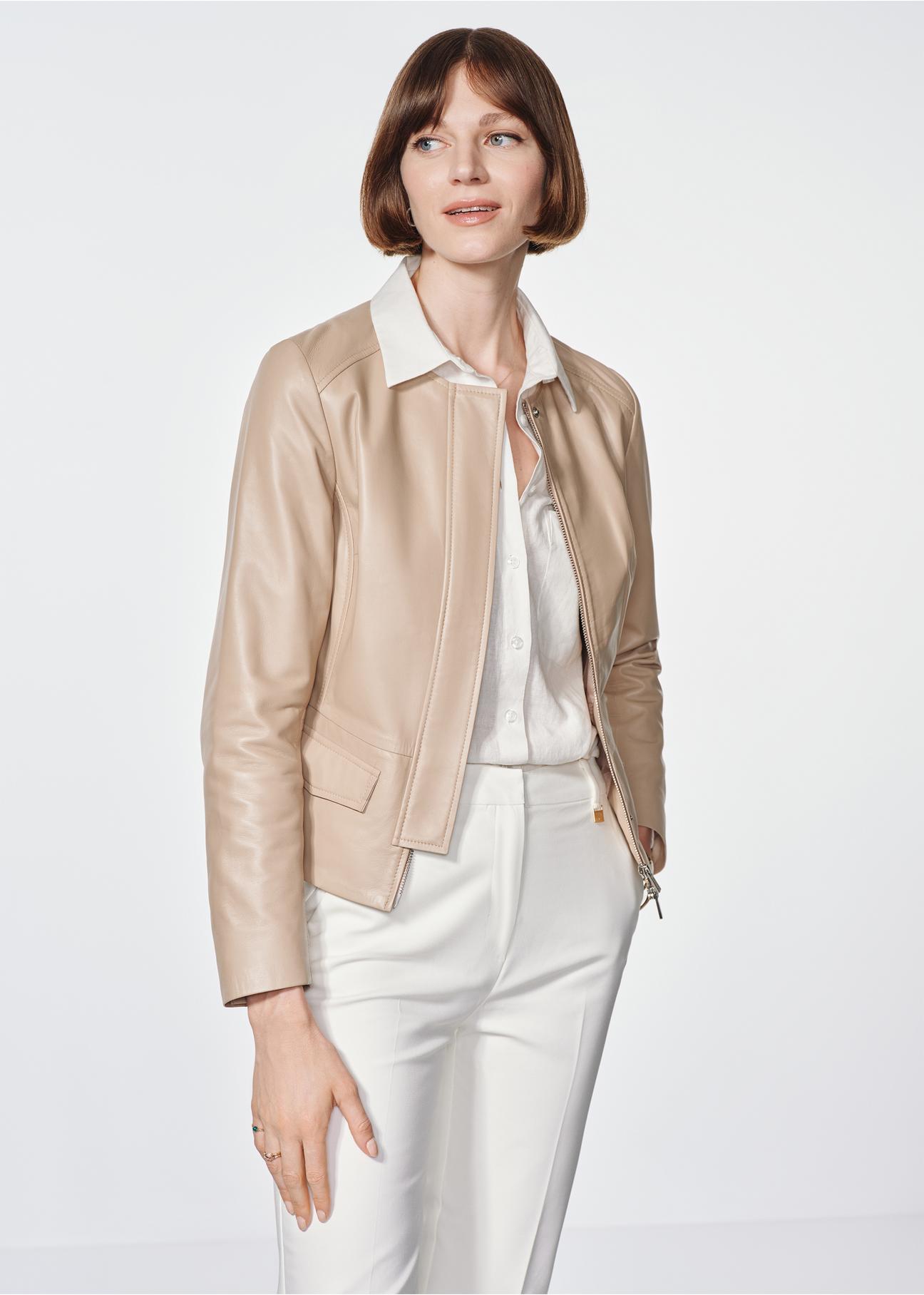 Beige leather waisted jacket for women KURDS-0483-3333(W24)-01