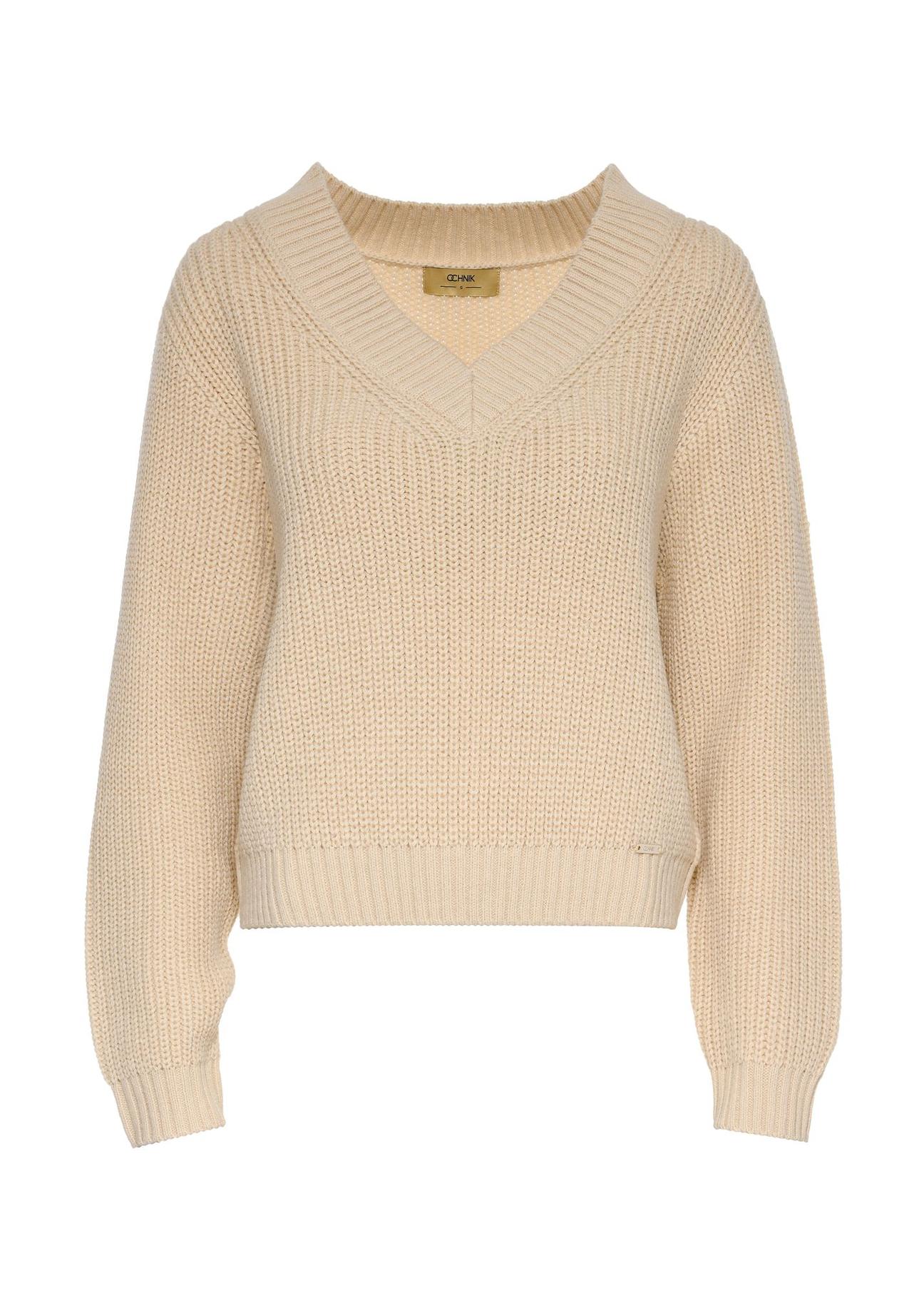 Women's beige V-neck sweater SWEDT-0162-82(Z24)-04