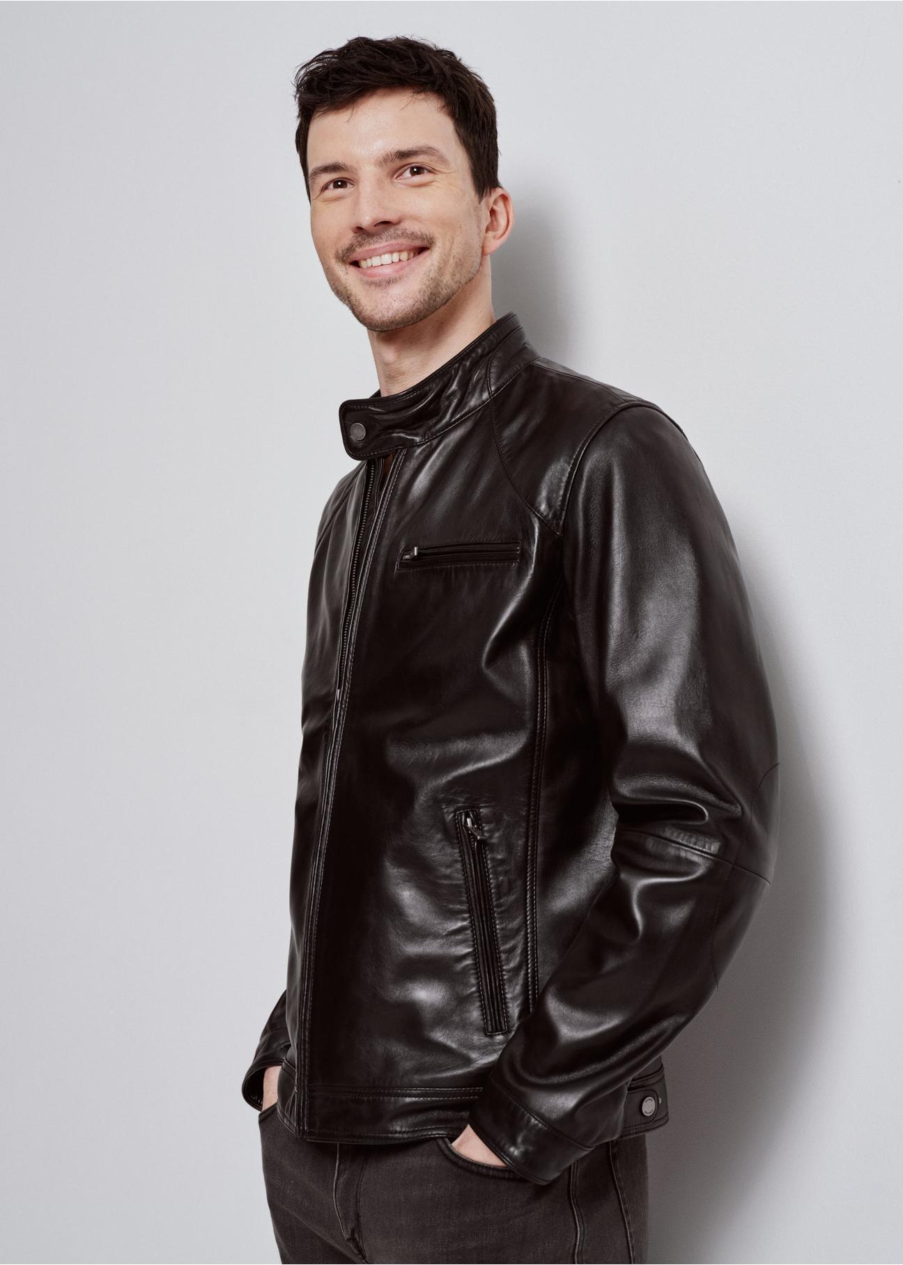 Black classic leather jacket for men KURMS-0328-5491(W24)-02