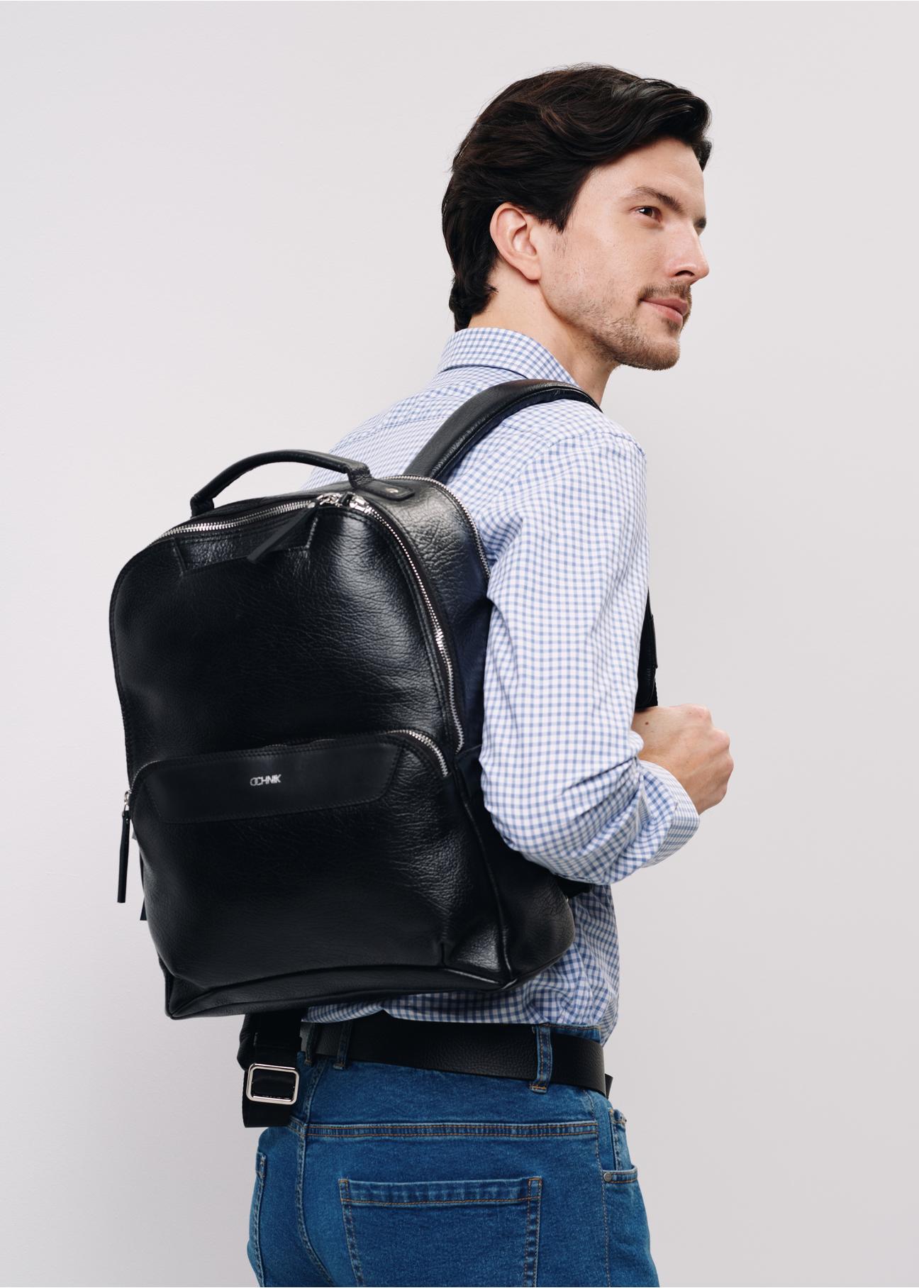 Large black leather men's backpack PLCMS-0019-99(W24)-02