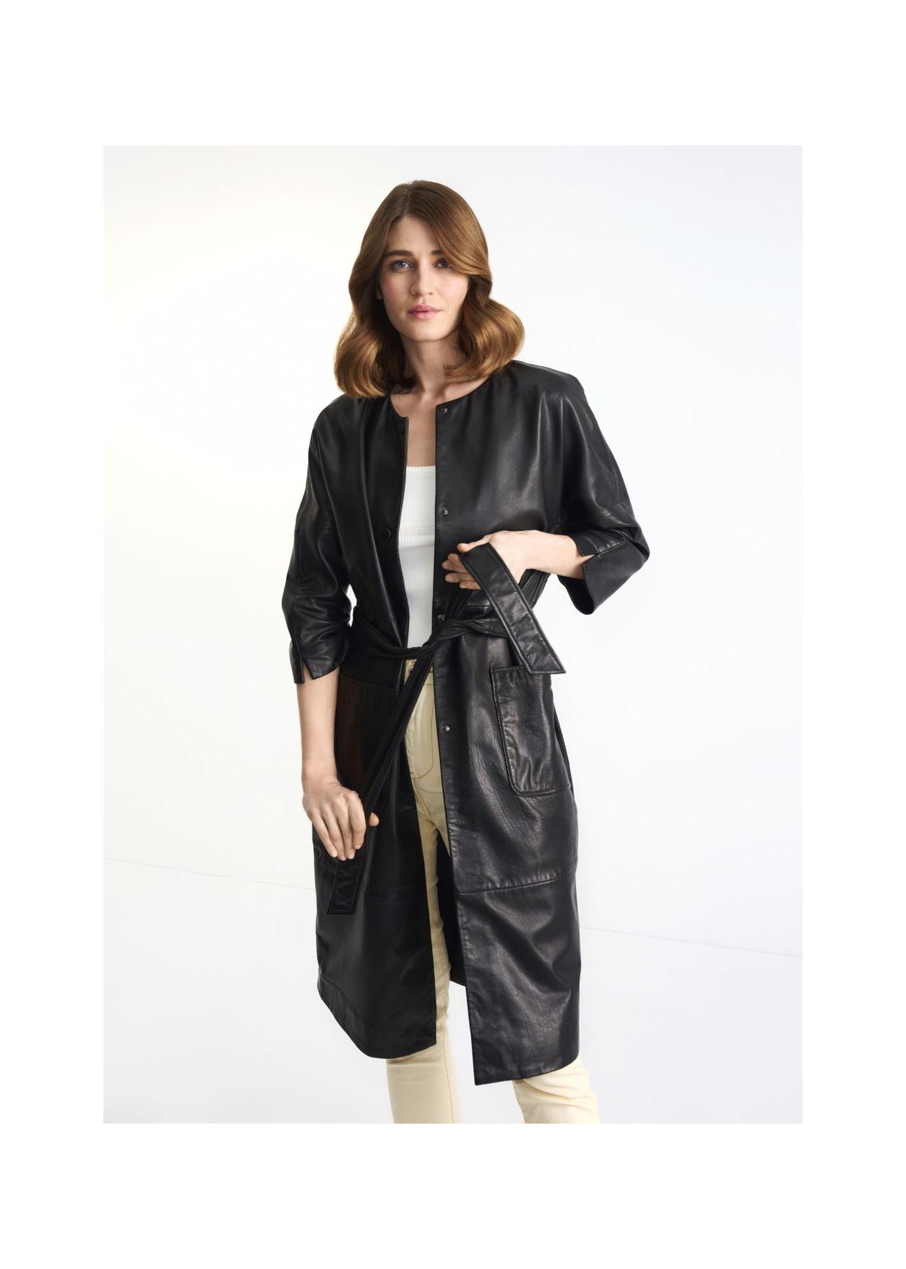 Black leather women's coat with belt KURDS-0358-5411(Z23)-03