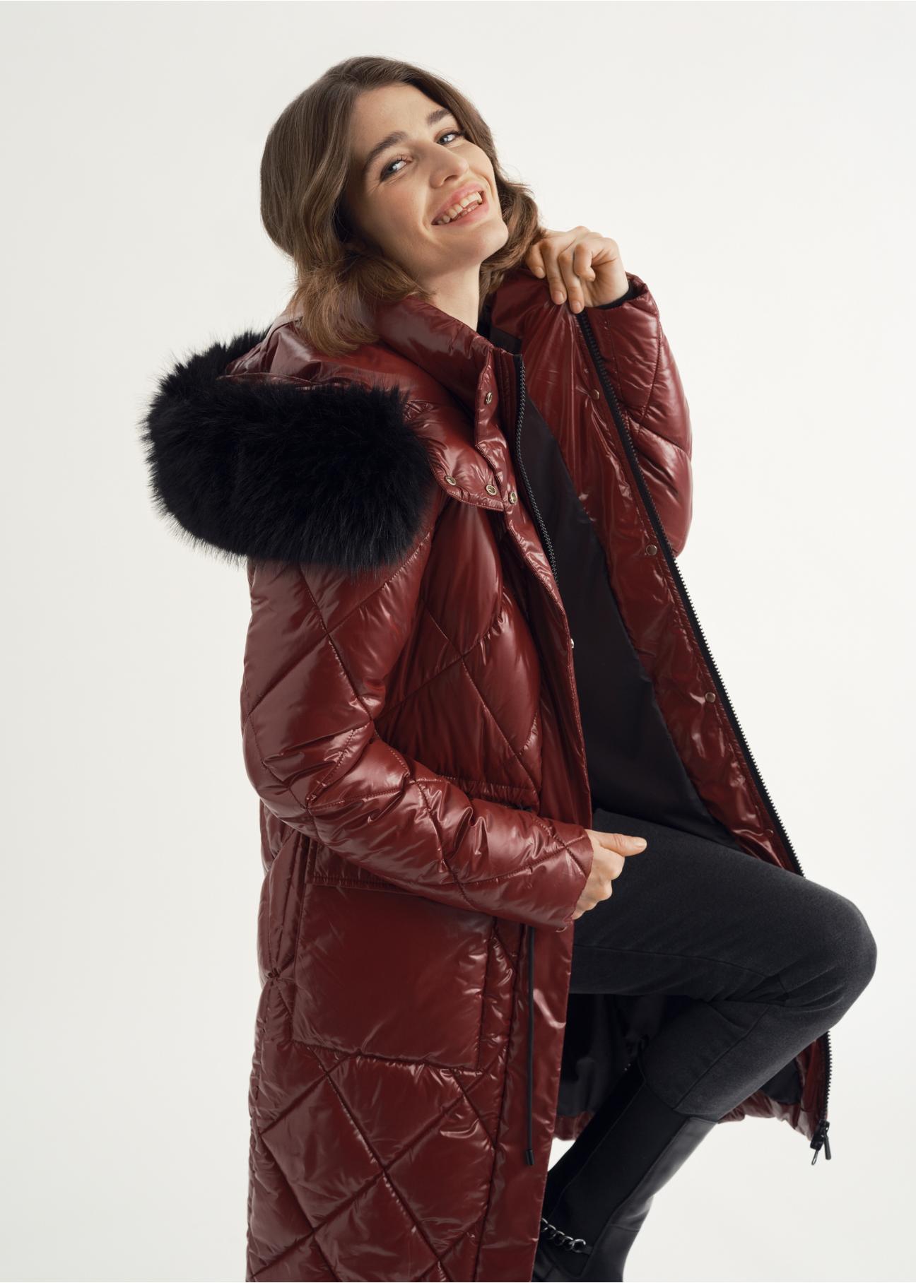 Women's long maroon quilted jacket KURDT-0481-49(Z23)-01