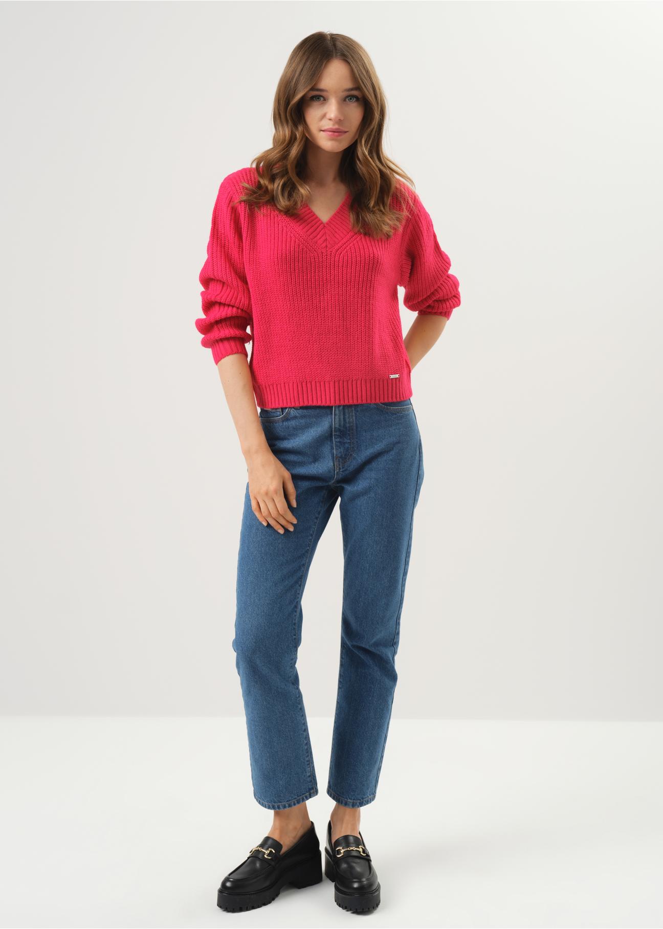 Fuchsia V-neck sweater for women SWEDT-0162-31(Z23)-02