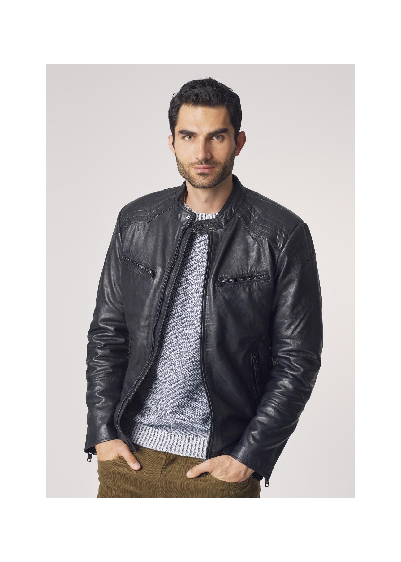 Men's leather jacket with a delicate collar KURMS-0246-5369(Z21)-01