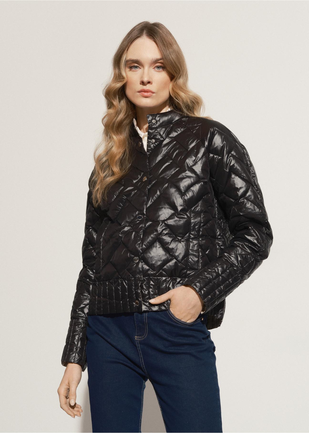 Women's black quilted jacket with stand-up collar KURDT-0440-99(W23)-03