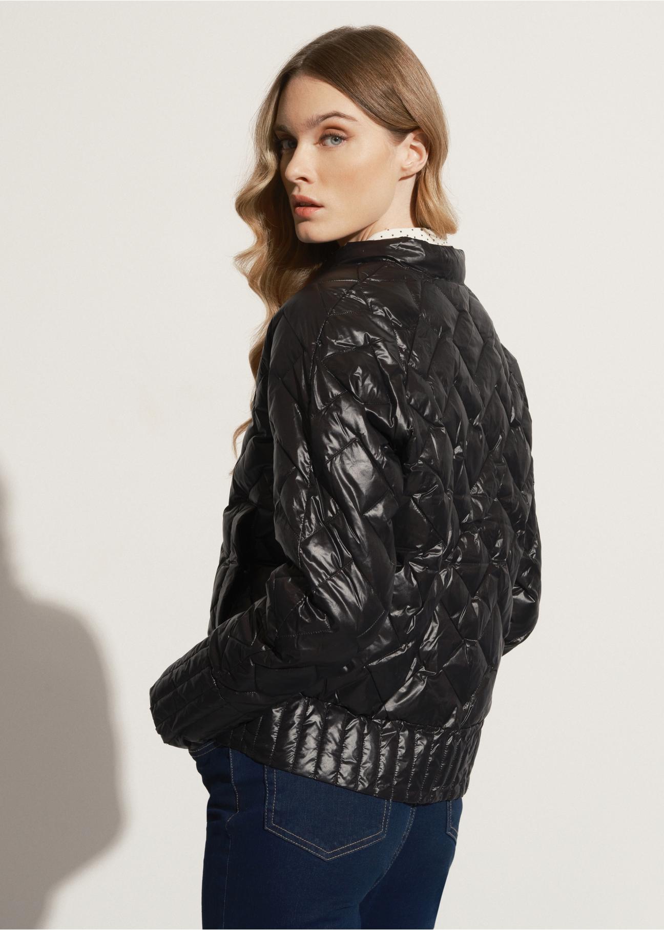 Women's black quilted jacket with stand-up collar KURDT-0440-99(W23)-02