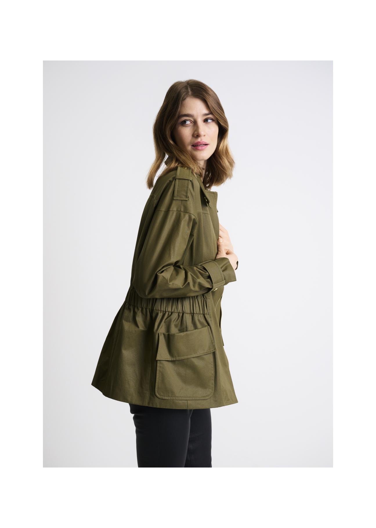 Olive colored women's jacket with a ribbed hem KURDT-0354-57(W22)-07